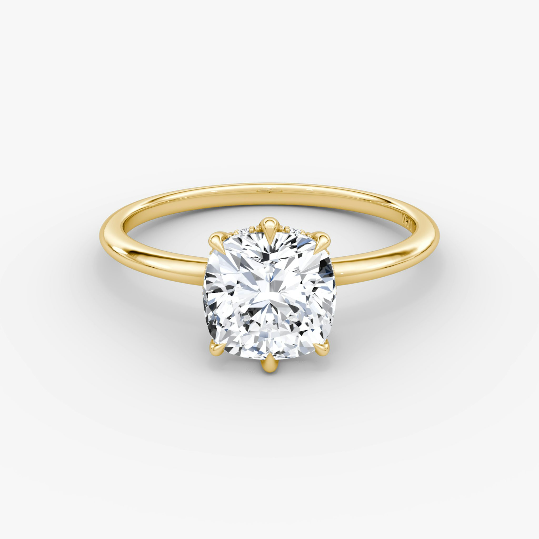 The Signature 6 Prong | Cushion | 18k | Yellow Gold | bandAccent: Plain | bandWidth: standard | hiddenHalo: yes | diamondOrientation: vertical | caratWeight: other