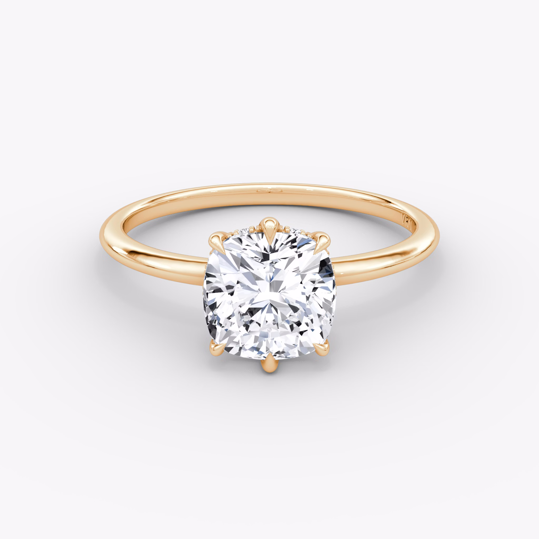 The Signature 6 Prong | Cushion | 14k | Rose Gold | bandAccent: Plain | bandWidth: standard | hiddenHalo: yes | diamondOrientation: vertical | caratWeight: other