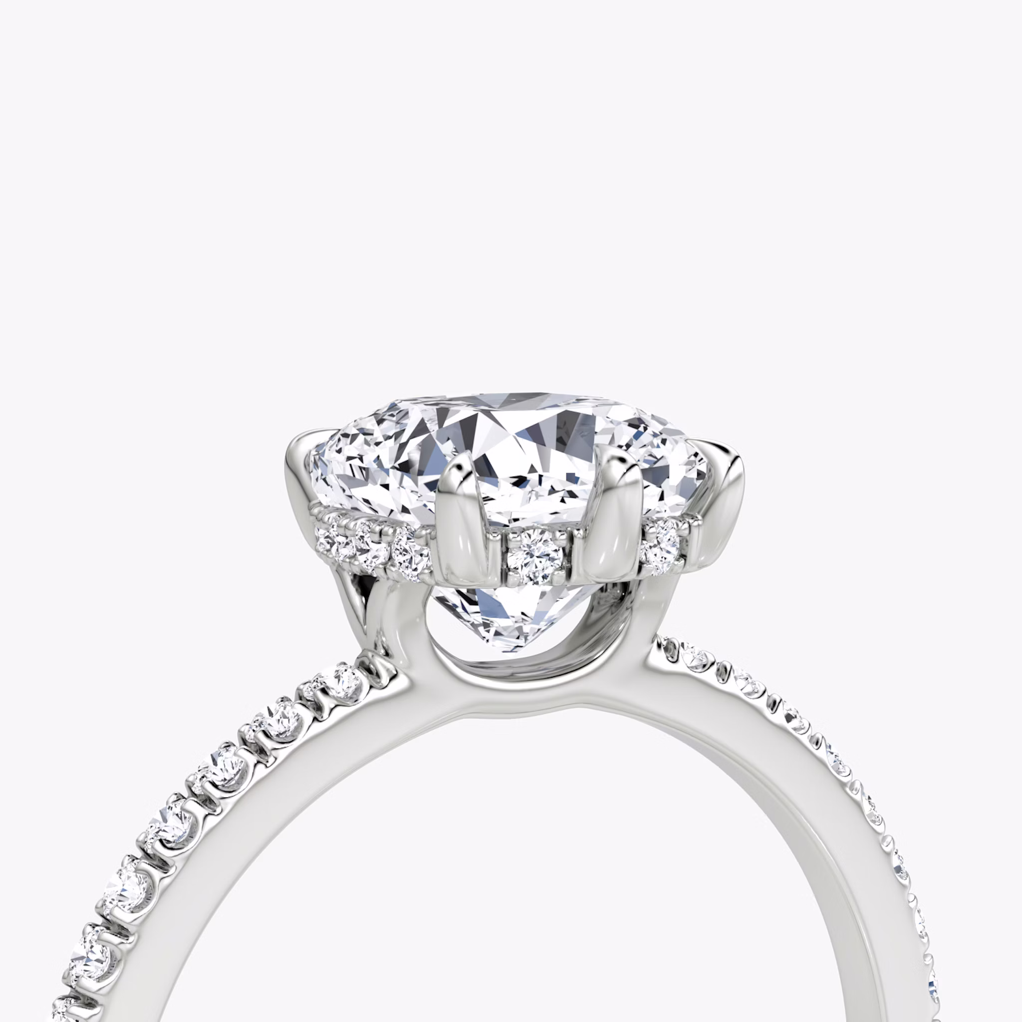 The Signature 6 Prong | Cushion | 18k | White Gold | bandAccent: Pavé | bandWidth: standard | hiddenHalo: yes | diamondOrientation: vertical | caratWeight: other