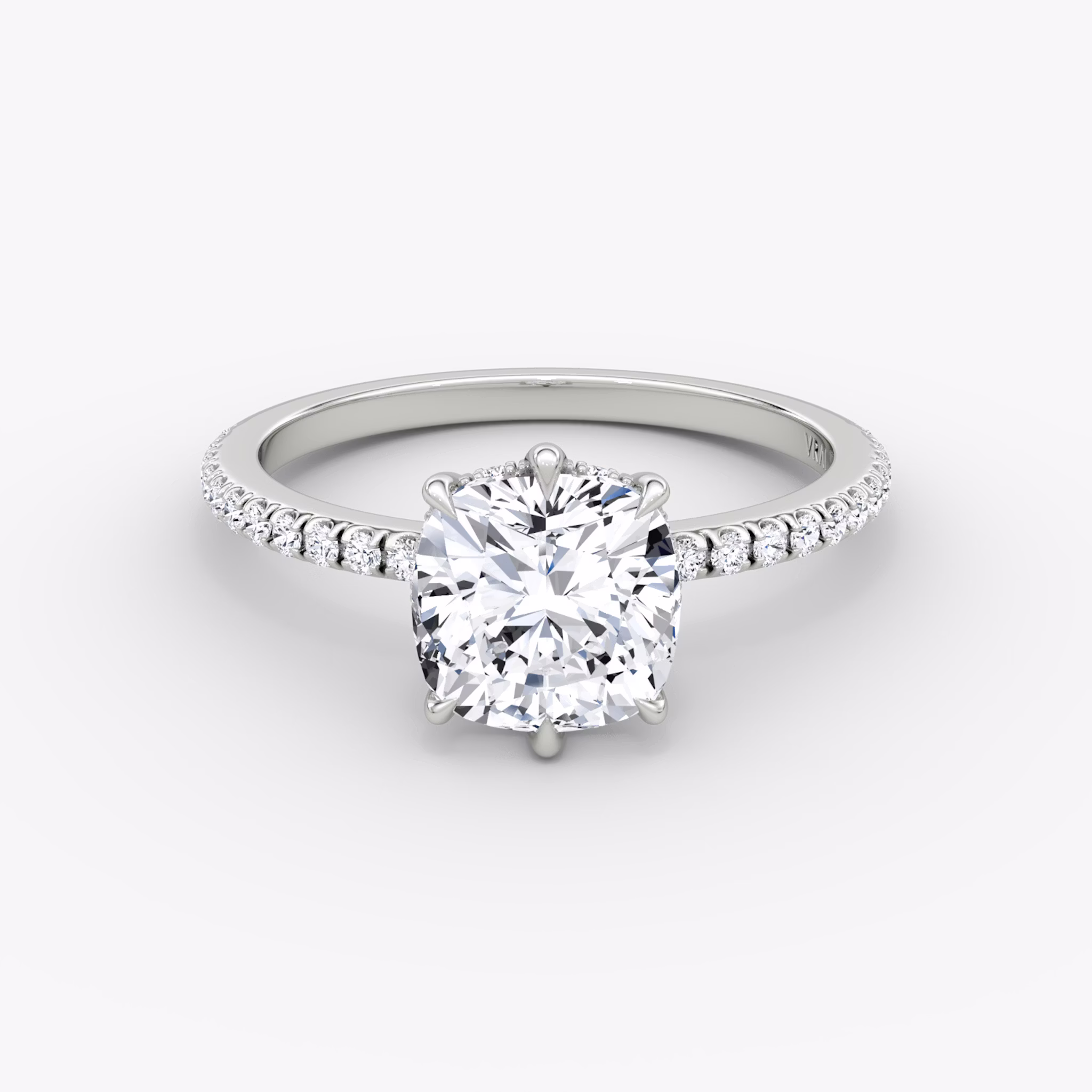 The Signature 6 Prong | Cushion | 18k | White Gold | bandAccent: Pavé | bandWidth: standard | hiddenHalo: yes | diamondOrientation: vertical | caratWeight: other