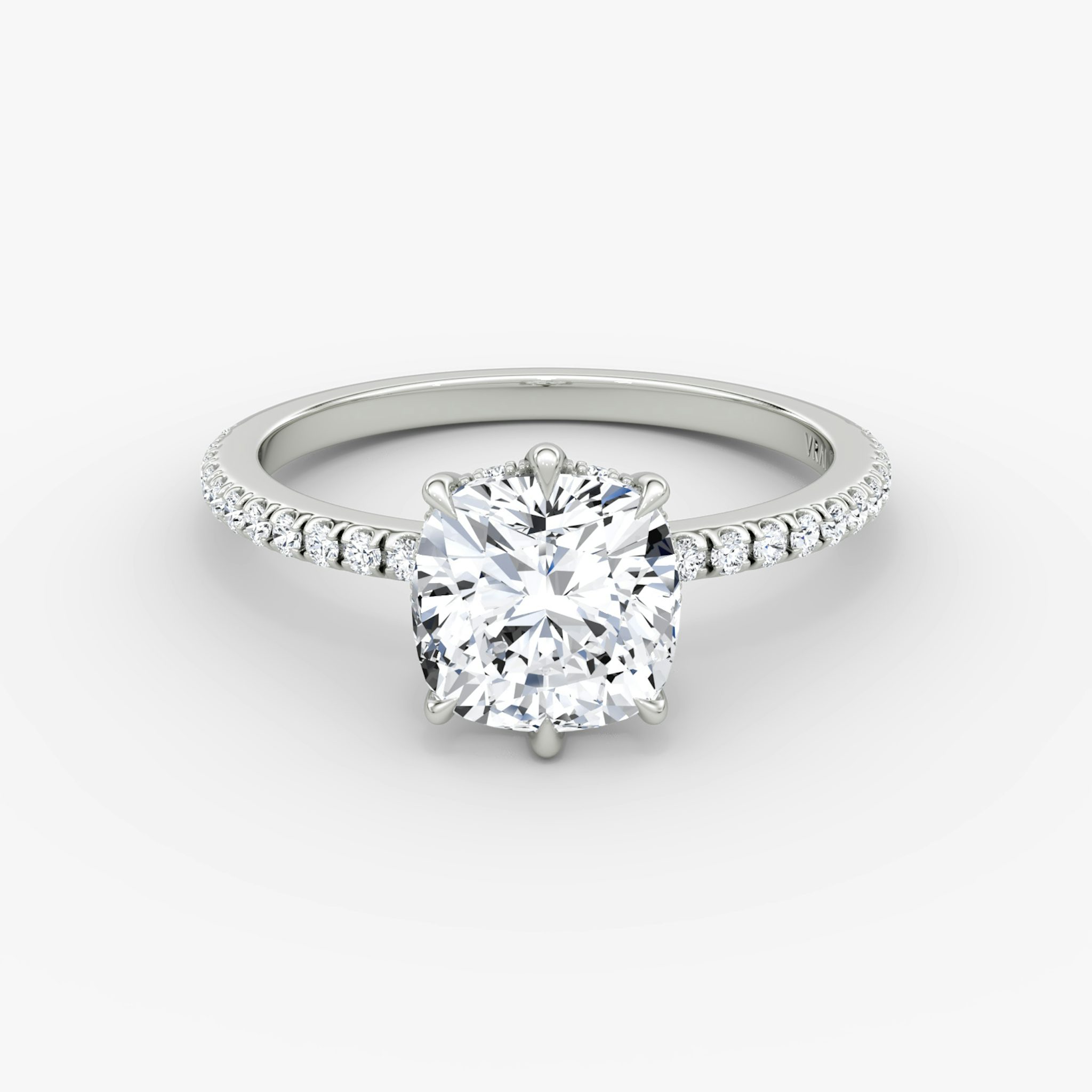 The Signature 6 Prong | Cushion | 18k | White Gold | bandAccent: Pavé | bandWidth: standard | hiddenHalo: yes | diamondOrientation: vertical | caratWeight: other