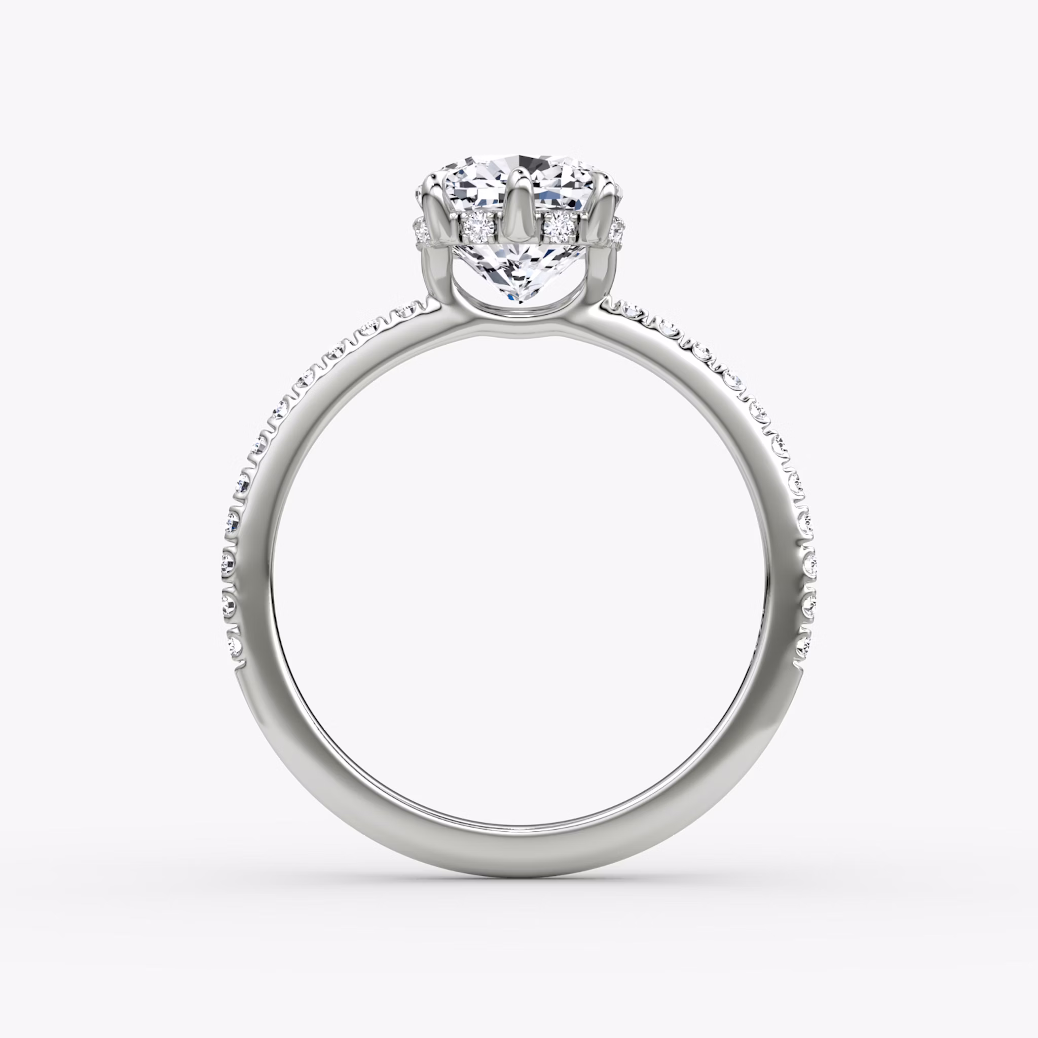The Signature 6 Prong | Cushion | 18k | White Gold | bandAccent: Pavé | bandWidth: standard | hiddenHalo: yes | diamondOrientation: vertical | caratWeight: other