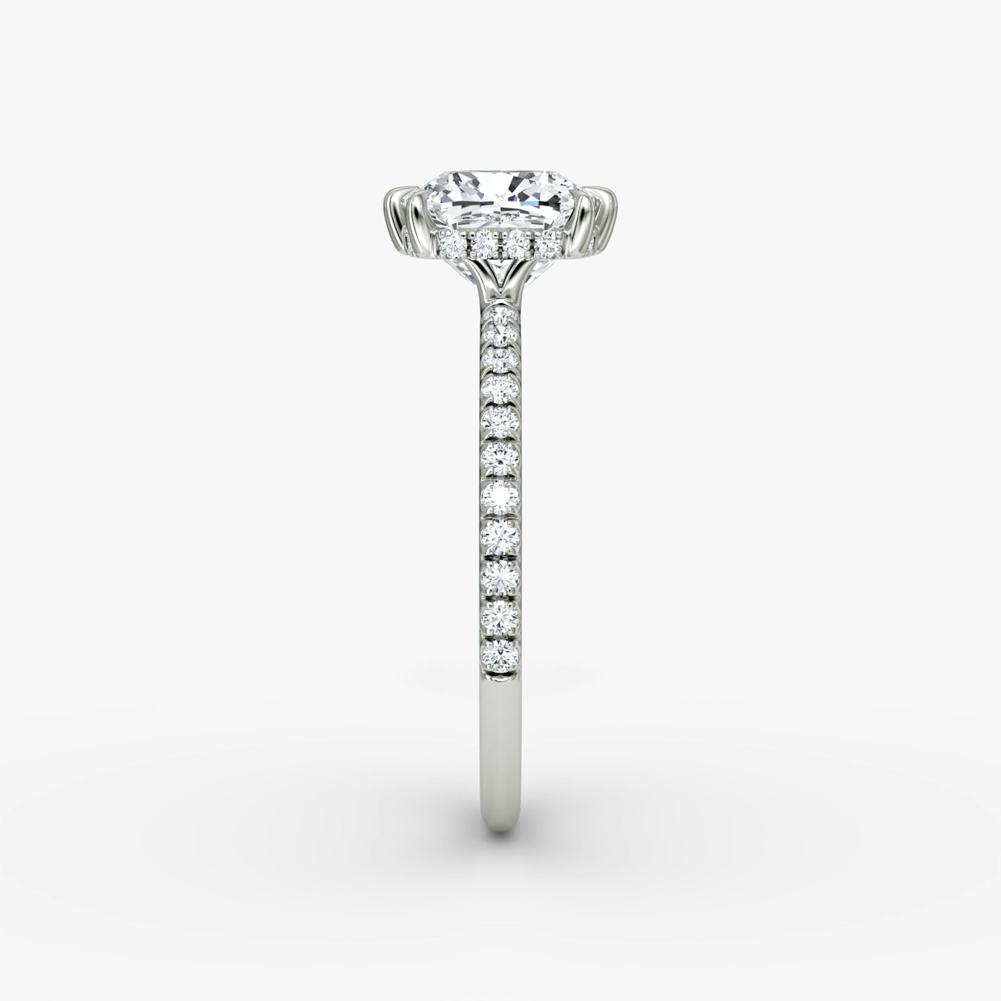 The Signature 6 Prong | Cushion | 18k | White Gold | bandAccent: Pavé | bandWidth: standard | hiddenHalo: yes | diamondOrientation: vertical | caratWeight: other