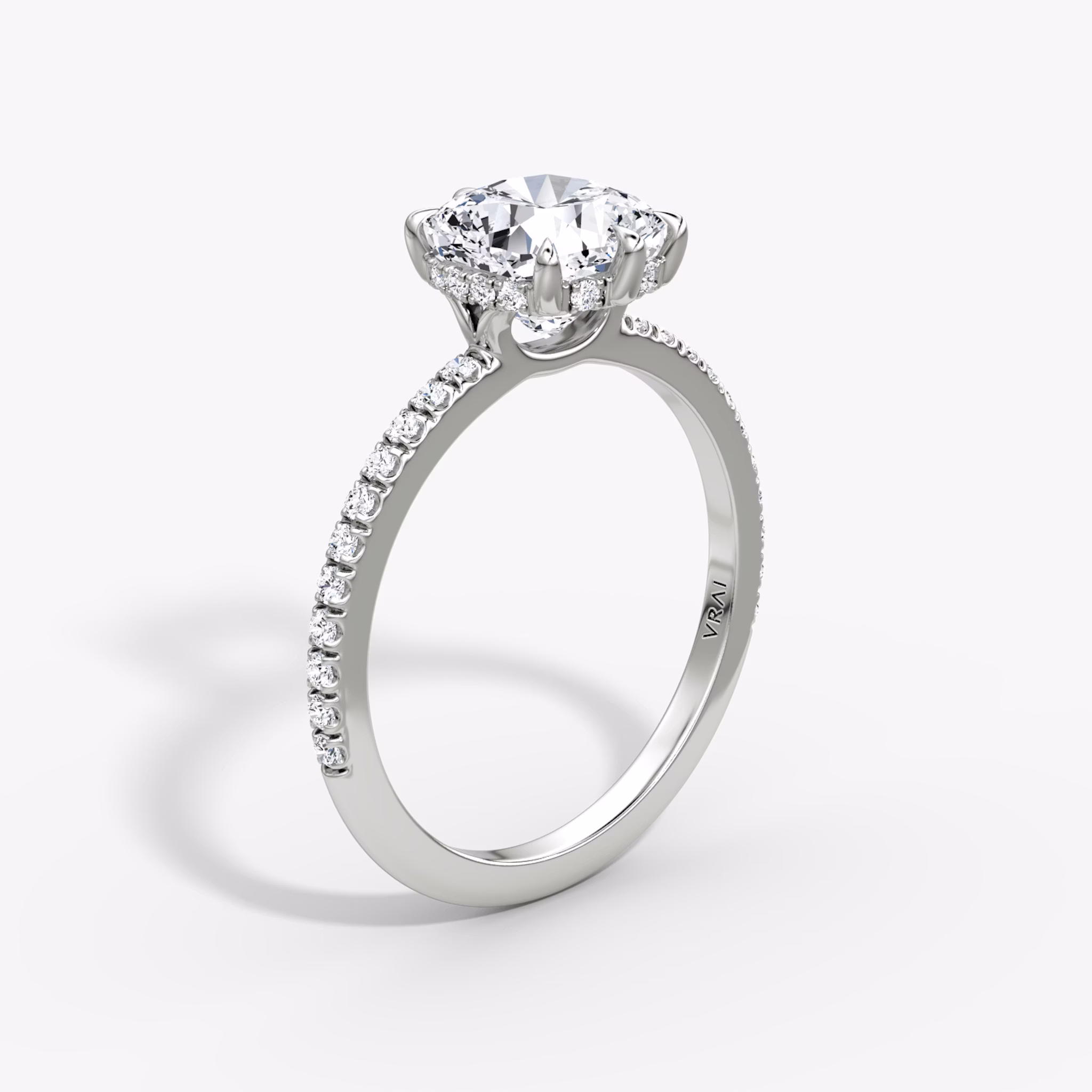 The Signature 6 Prong | Cushion | 18k | White Gold | bandAccent: Pavé | bandWidth: standard | hiddenHalo: yes | diamondOrientation: vertical | caratWeight: other