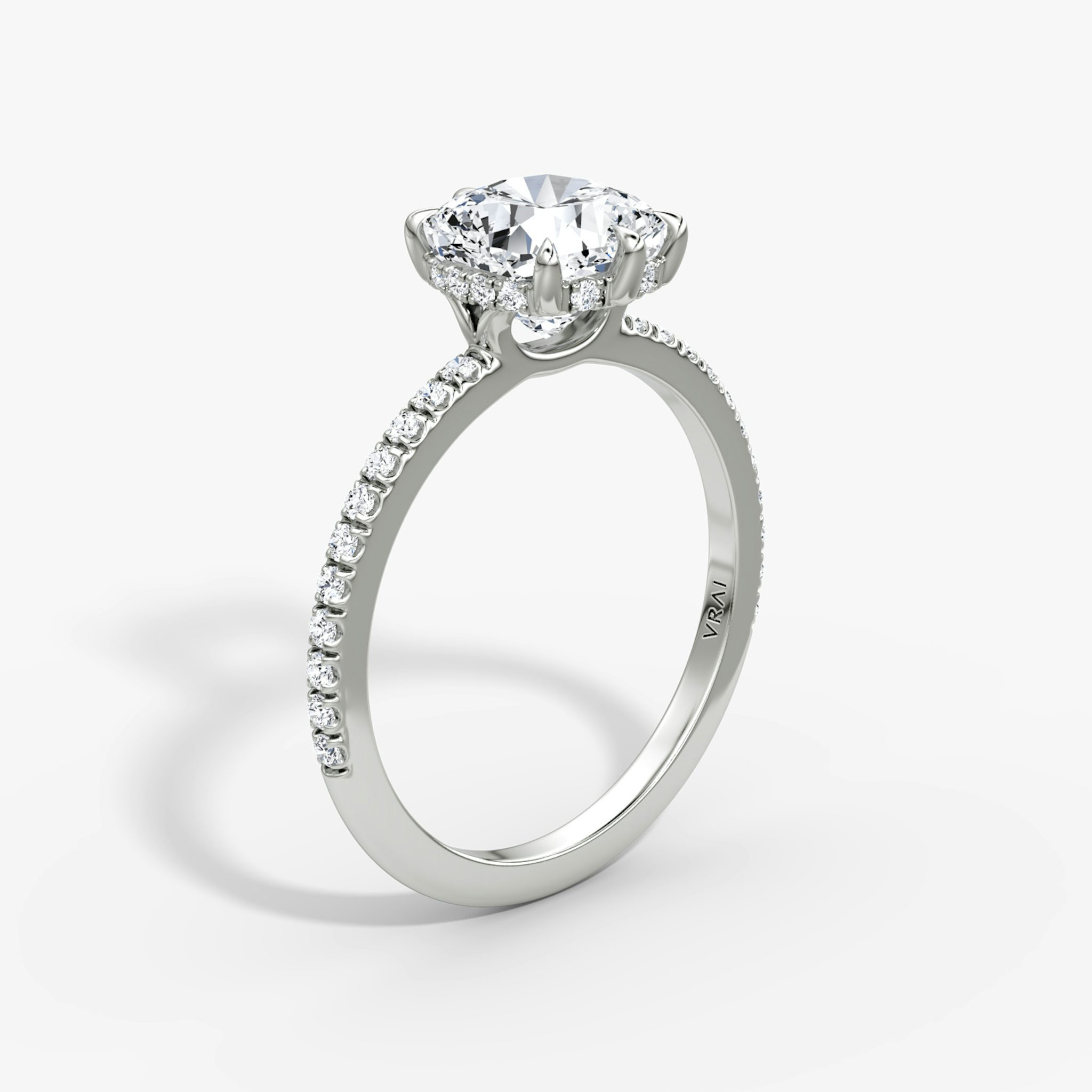 The Signature 6 Prong | Cushion | 18k | White Gold | bandAccent: Pavé | bandWidth: standard | hiddenHalo: yes | diamondOrientation: vertical | caratWeight: other