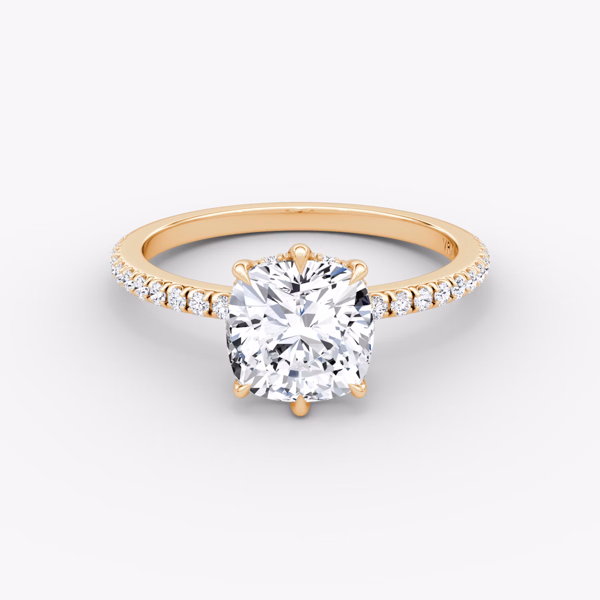 The Signature 6 Prong | Cushion | 14k | Rose Gold | bandAccent: Pavé | bandWidth: standard | hiddenHalo: yes | diamondOrientation: vertical | caratWeight: other
