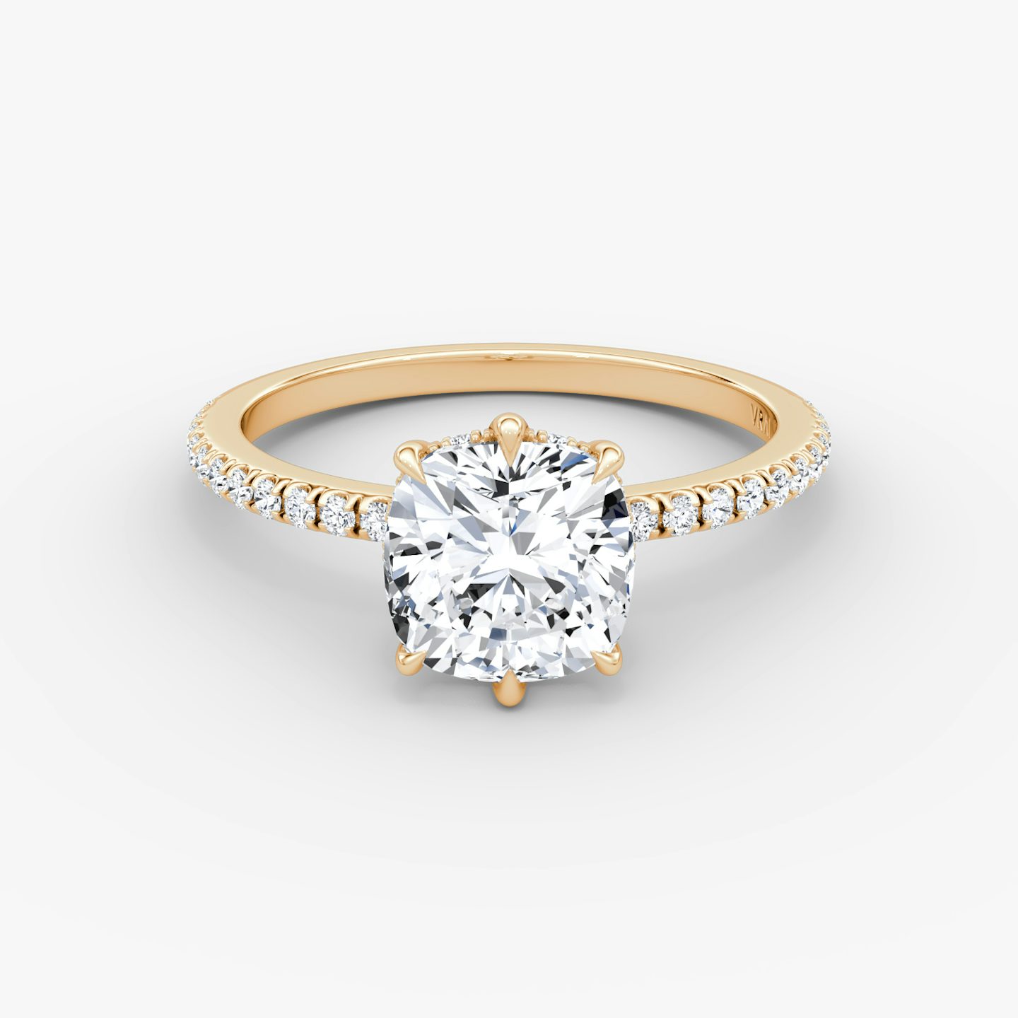 The Signature 6 Prong | Cushion | 14k | Rose Gold | bandAccent: Pavé | bandWidth: standard | hiddenHalo: yes | diamondOrientation: vertical | caratWeight: other