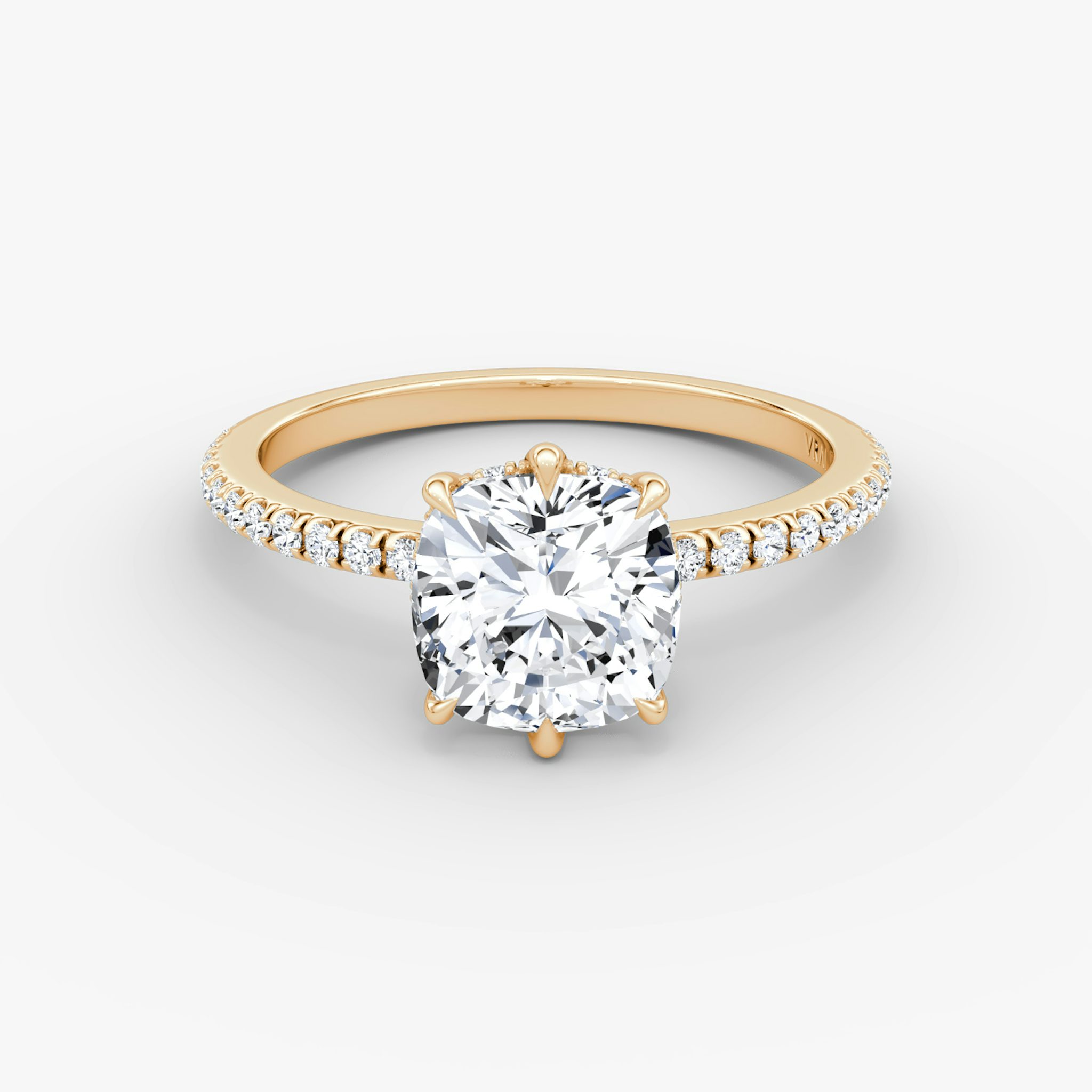 The Signature 6 Prong | Cushion | 14k | Rose Gold | bandAccent: Pavé | bandWidth: standard | hiddenHalo: yes | diamondOrientation: vertical | caratWeight: other