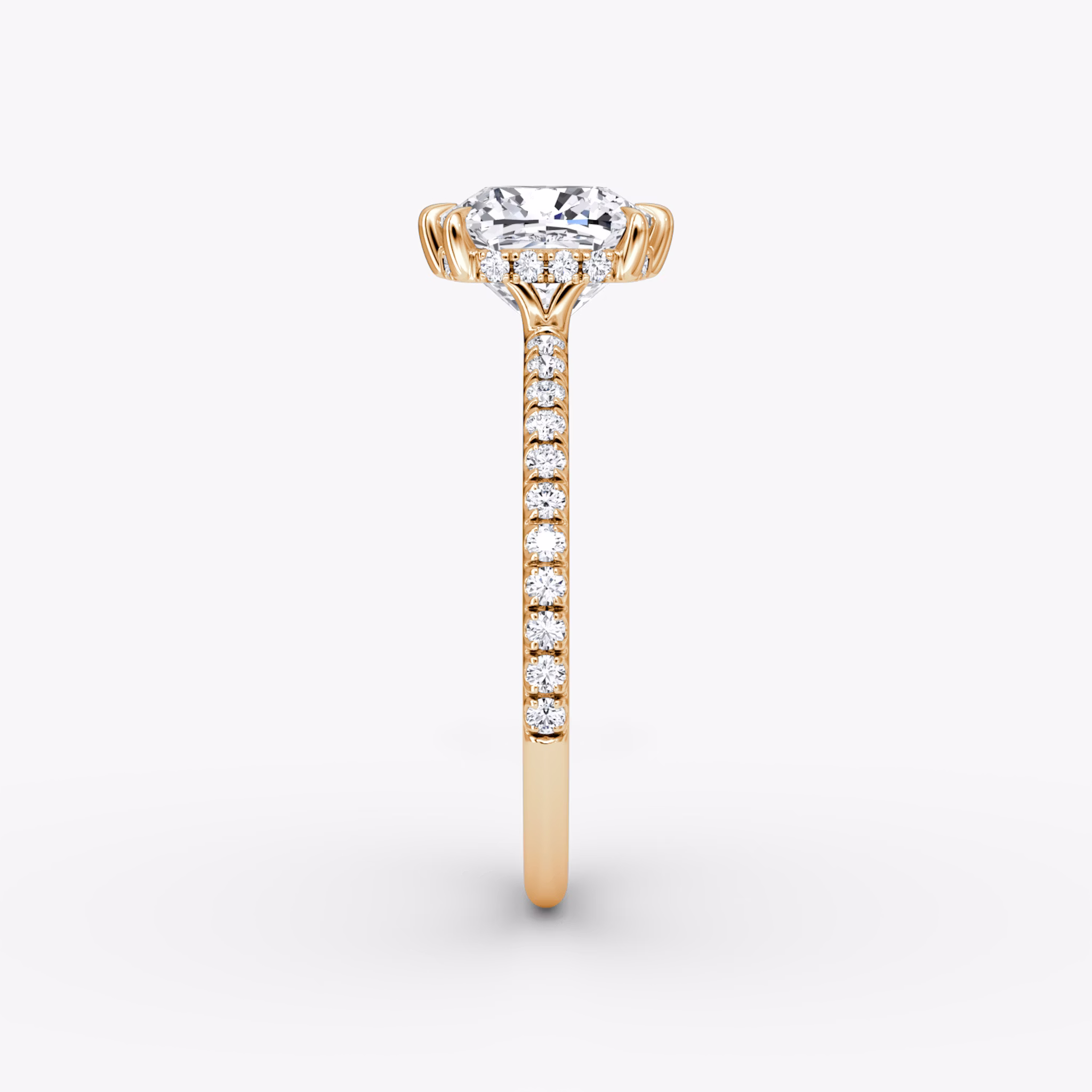 The Signature 6 Prong | Cushion | 14k | Rose Gold | bandAccent: Pavé | bandWidth: standard | hiddenHalo: yes | diamondOrientation: vertical | caratWeight: other