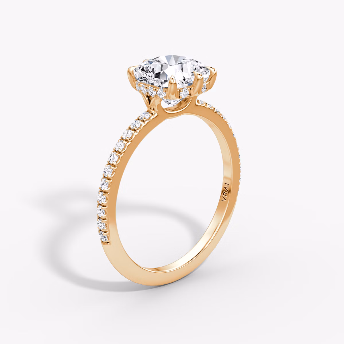 The Signature 6 Prong | Cushion | 14k | Rose Gold | bandAccent: Pavé | bandWidth: standard | hiddenHalo: yes | diamondOrientation: vertical | caratWeight: other