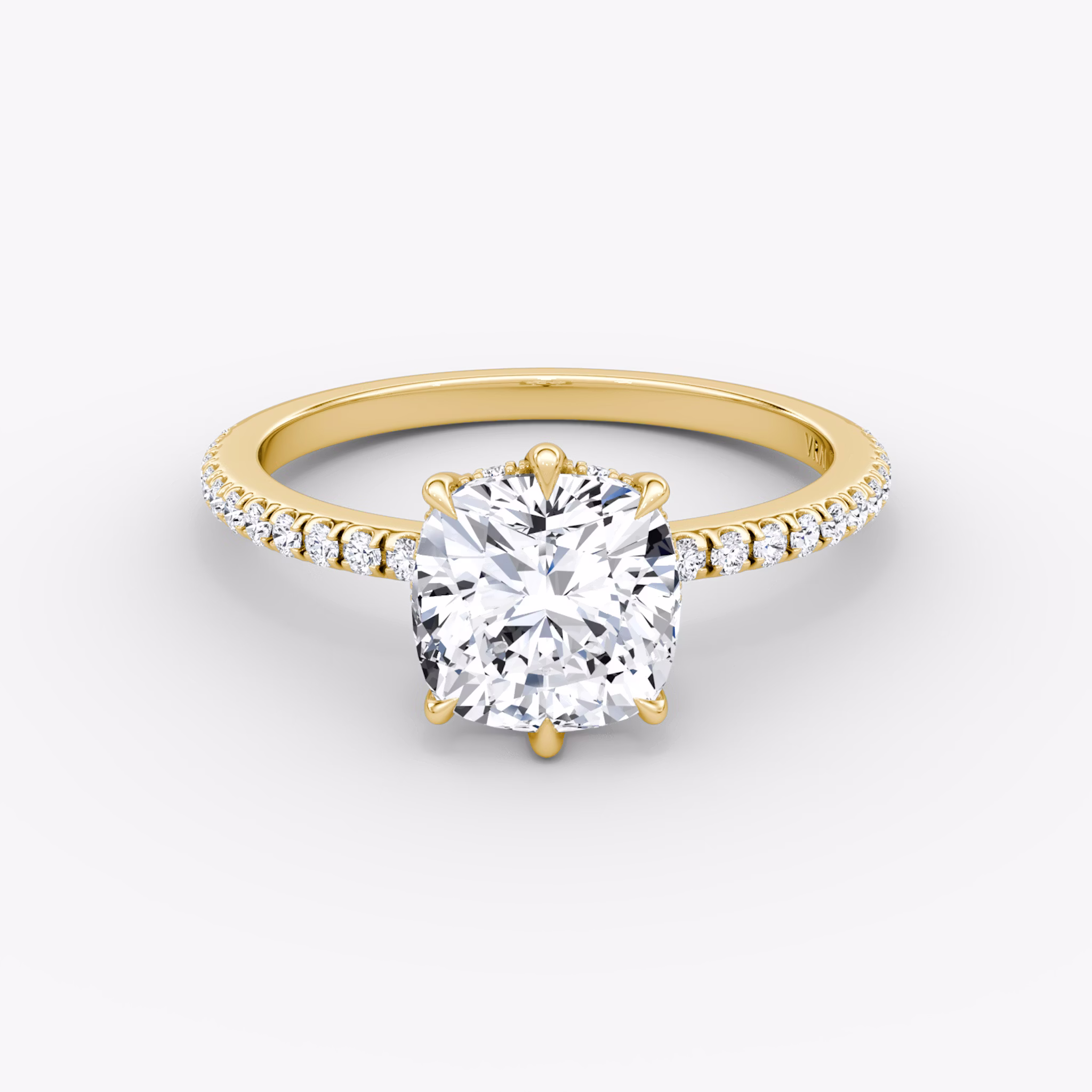 The Signature 6 Prong | Cushion | 18k | Yellow Gold | bandAccent: Pavé | bandWidth: standard | hiddenHalo: yes | diamondOrientation: vertical | caratWeight: other