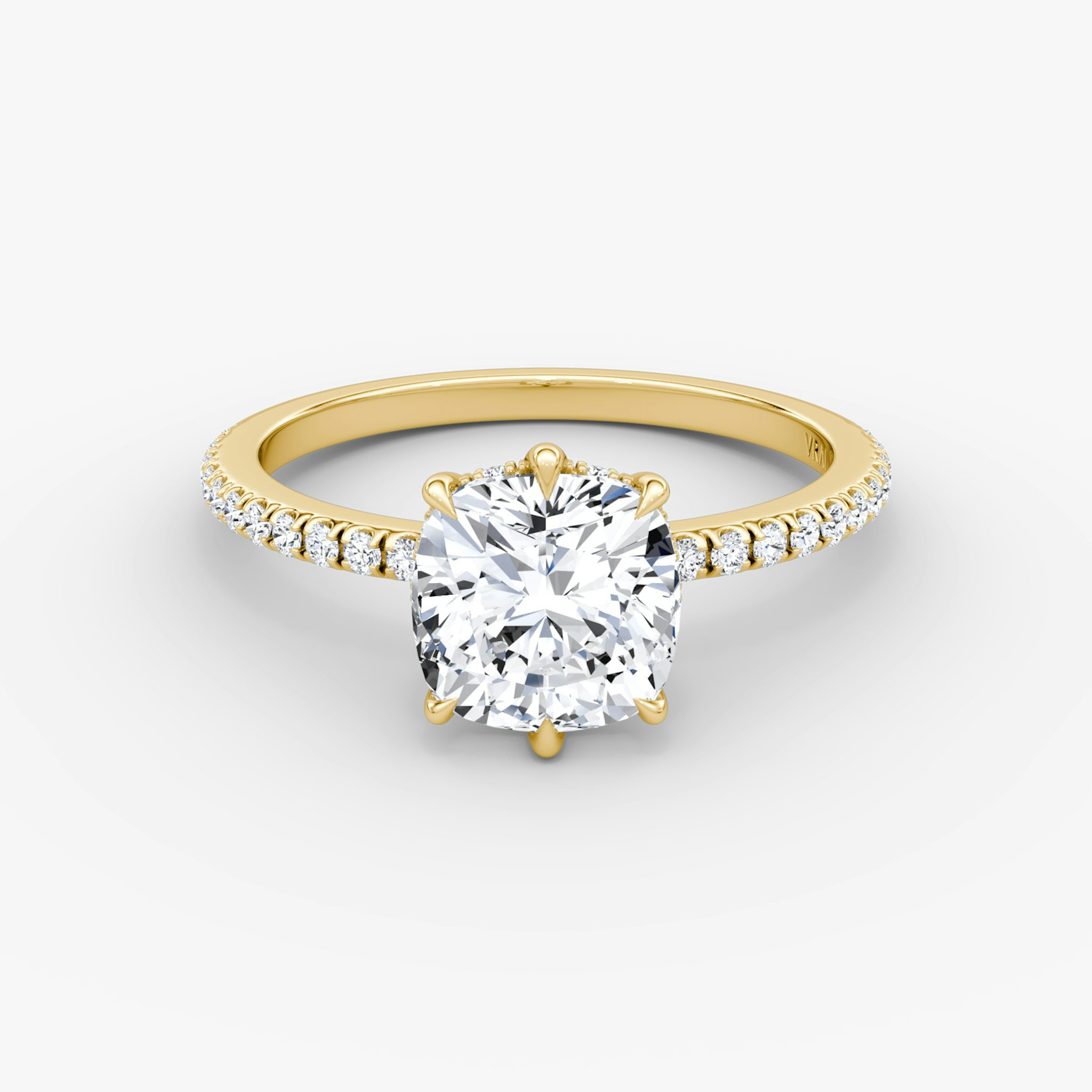 The Signature 6 Prong | Cushion | 18k | Yellow Gold | bandAccent: Pavé | bandWidth: standard | hiddenHalo: yes | diamondOrientation: vertical | caratWeight: other