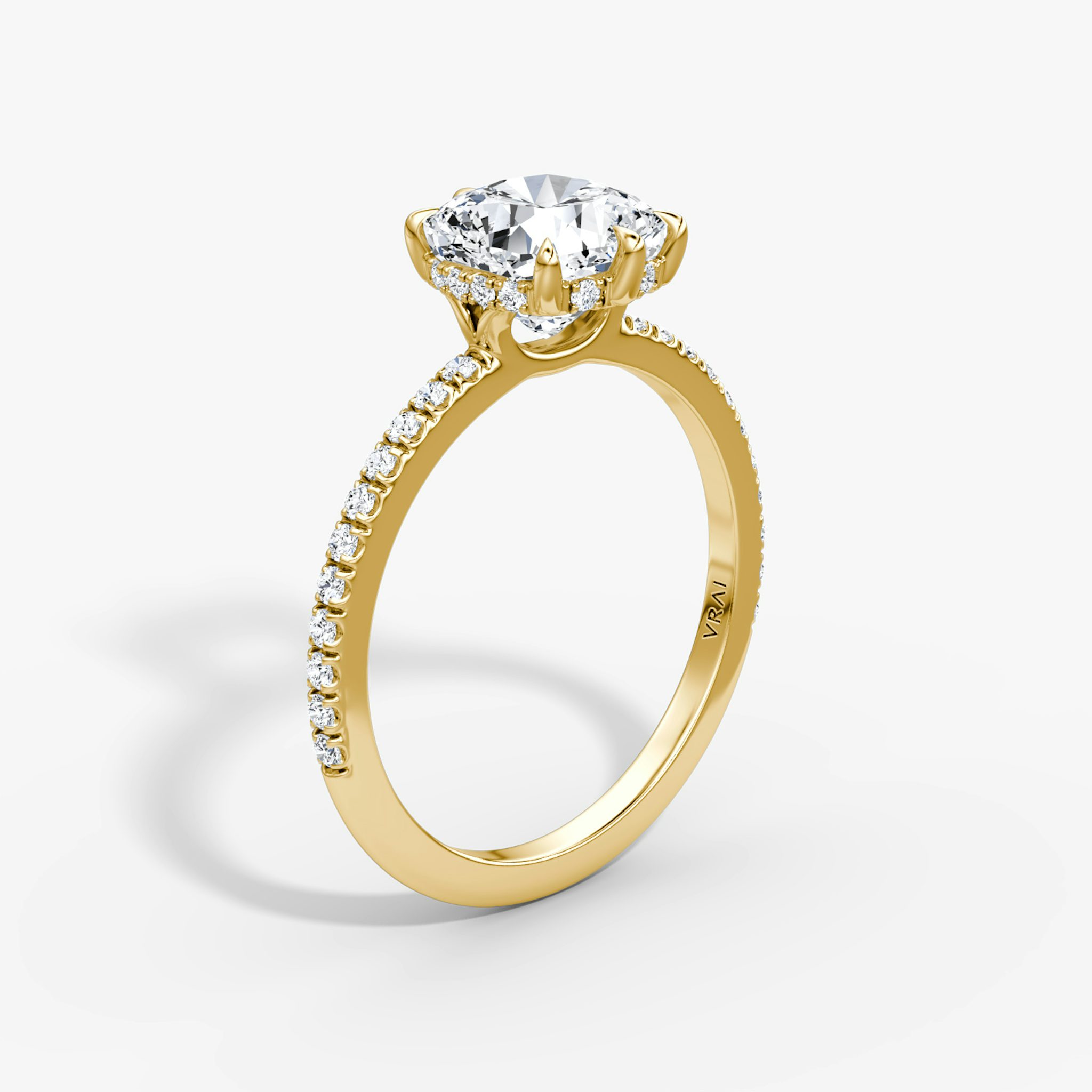 The Signature 6 Prong | Cushion | 18k | Yellow Gold | bandAccent: Pavé | bandWidth: standard | hiddenHalo: yes | diamondOrientation: vertical | caratWeight: other
