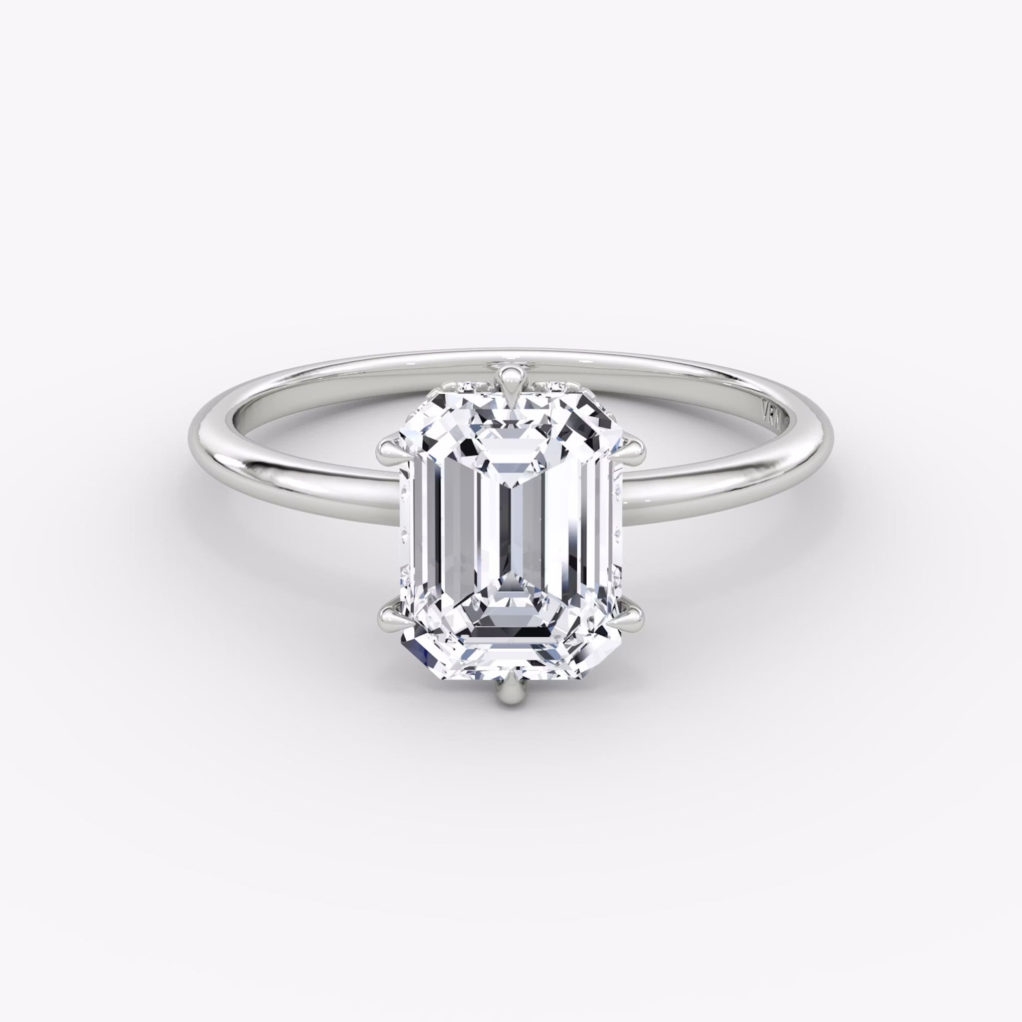 The Signature 6 Prong | Emerald | 18k | White Gold | bandAccent: Plain | bandWidth: standard | hiddenHalo: yes | diamondOrientation: vertical | caratWeight: other