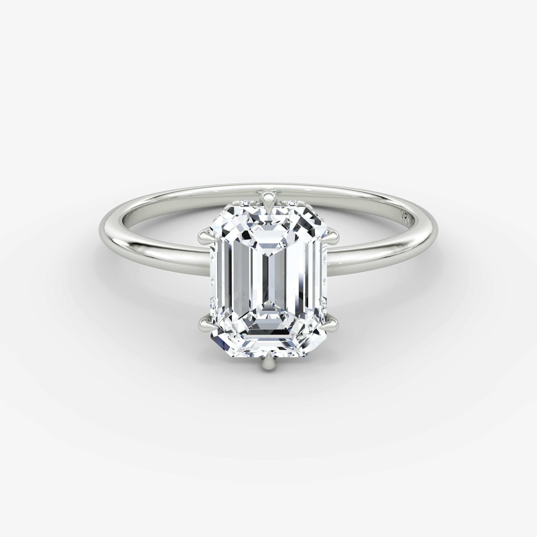 The Signature 6 Prong | Emerald | 18k | White Gold | bandAccent: Plain | bandWidth: standard | hiddenHalo: yes | diamondOrientation: vertical | caratWeight: other