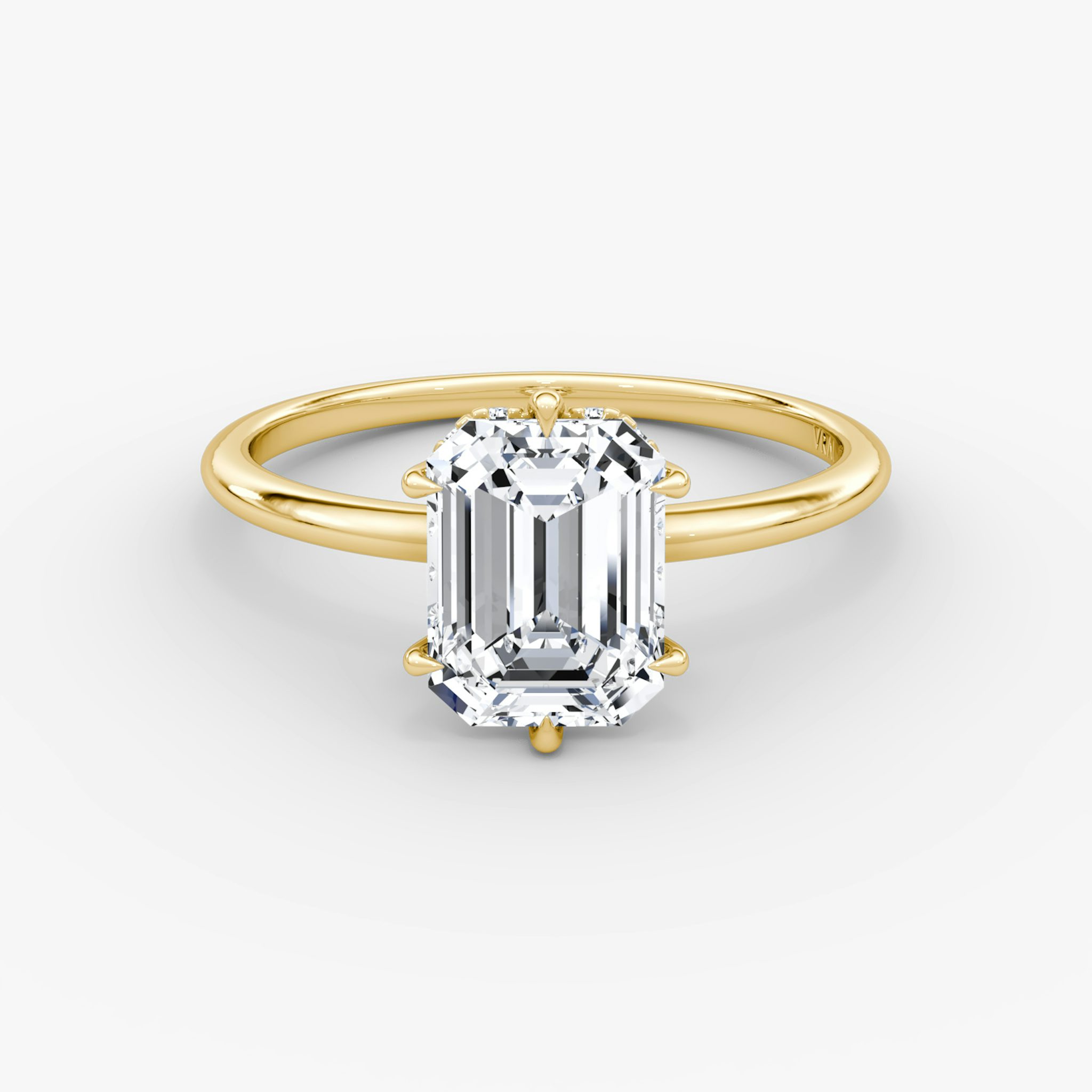 The Signature 6 Prong | Emerald | 18k | Yellow Gold | bandAccent: Plain | bandWidth: standard | hiddenHalo: yes | diamondOrientation: vertical | caratWeight: other