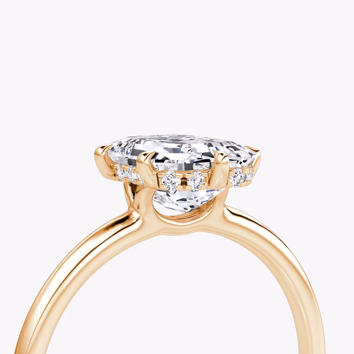 The Signature 6 Prong | Emerald | 14k | Rose Gold | bandAccent: Plain | bandWidth: standard | hiddenHalo: yes | diamondOrientation: vertical | caratWeight: other