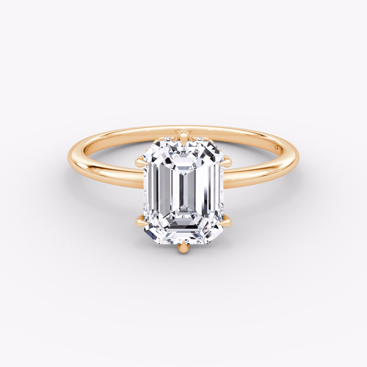 The Signature 6 Prong | Emerald | 14k | Rose Gold | bandAccent: Plain | bandWidth: standard | hiddenHalo: yes | diamondOrientation: vertical | caratWeight: other