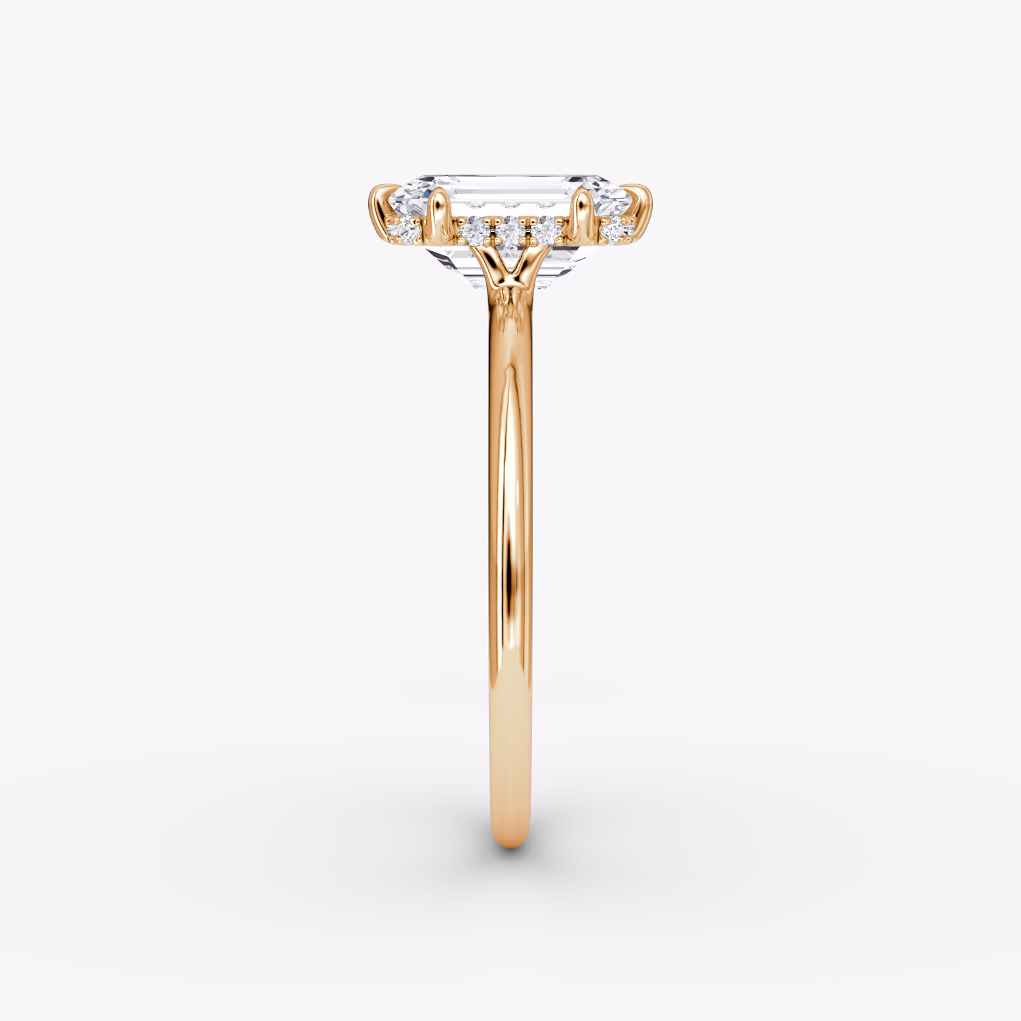 The Signature 6 Prong | Emerald | 14k | Rose Gold | bandAccent: Plain | bandWidth: standard | hiddenHalo: yes | diamondOrientation: vertical | caratWeight: other