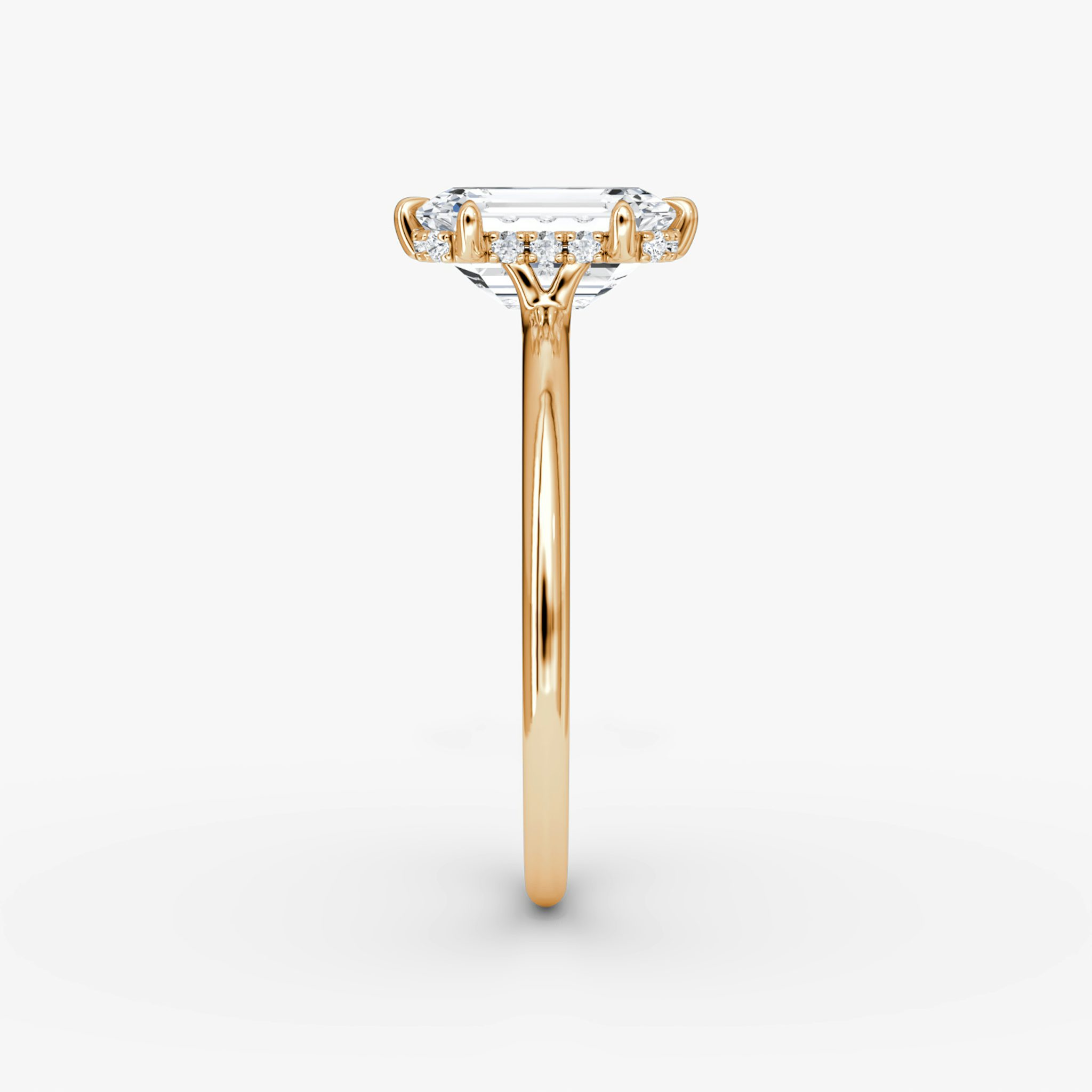 The Signature 6 Prong | Emerald | 14k | Rose Gold | bandAccent: Plain | bandWidth: standard | hiddenHalo: yes | diamondOrientation: vertical | caratWeight: other
