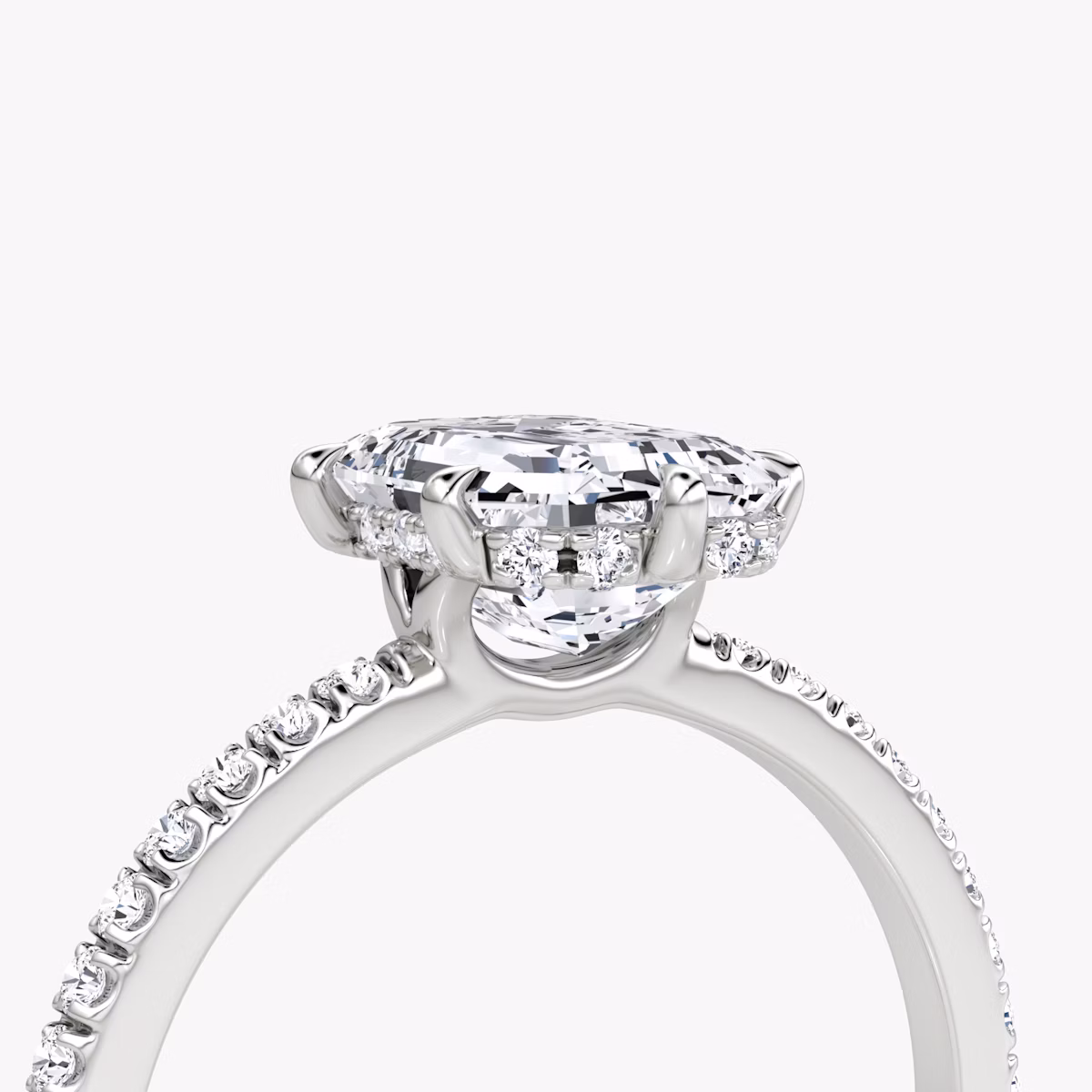 The Signature 6 Prong | Emerald | Platinum | bandAccent: Pavé | bandWidth: standard | hiddenHalo: yes | diamondOrientation: vertical | caratWeight: other