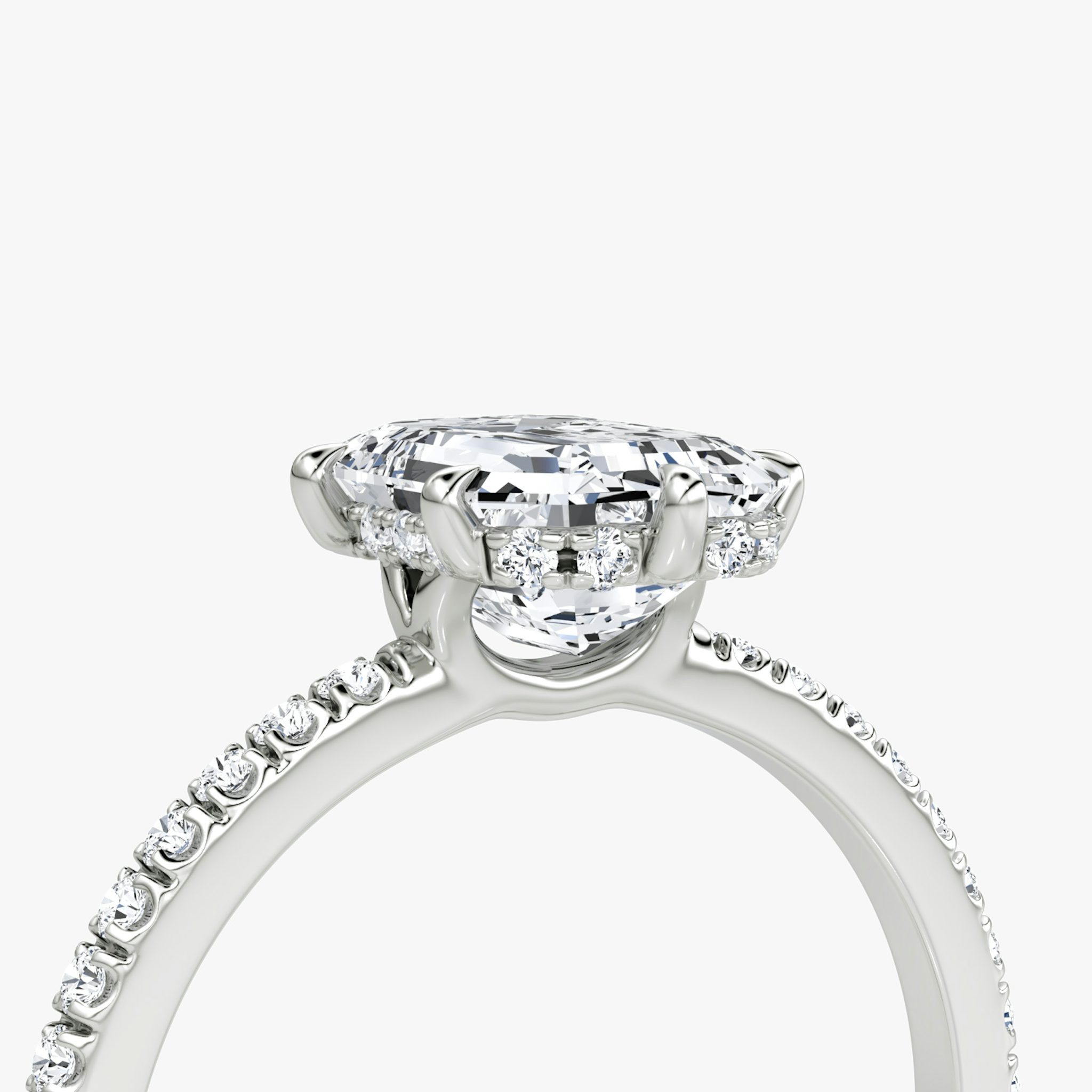 The Signature 6 Prong | Emerald | 18k | White Gold | bandAccent: Pavé | bandWidth: standard | hiddenHalo: yes | diamondOrientation: vertical | caratWeight: other