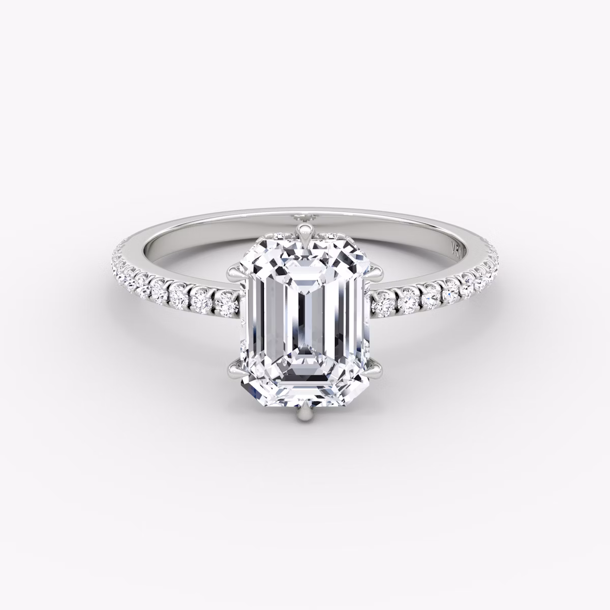 The Signature 6 Prong | Emerald | Platinum | bandAccent: Pavé | bandWidth: standard | hiddenHalo: yes | diamondOrientation: vertical | caratWeight: other