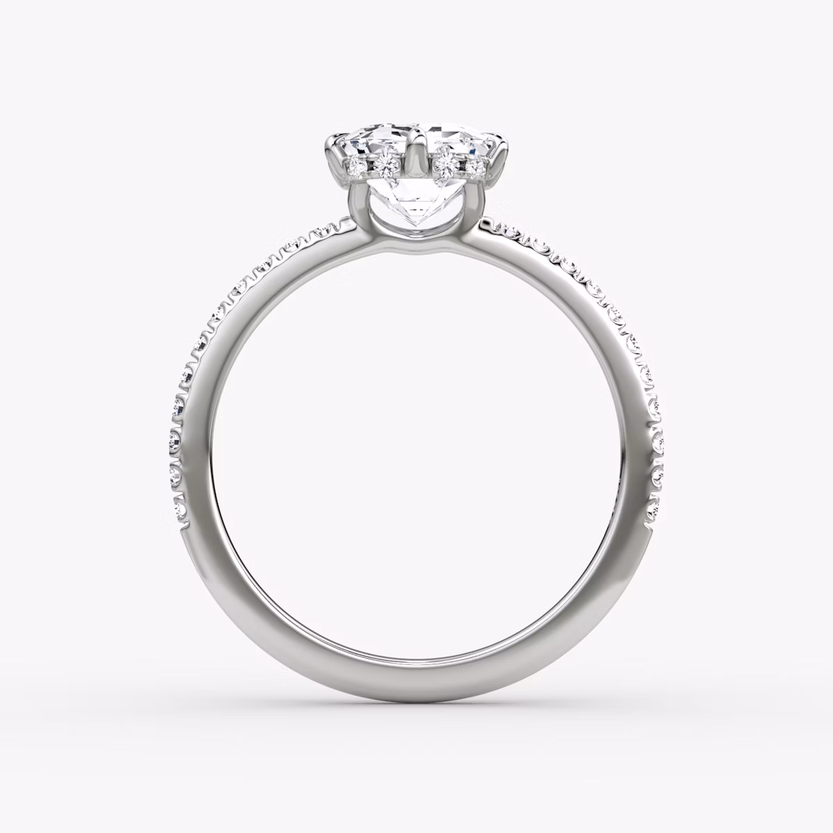 The Signature 6 Prong | Emerald | Platinum | bandAccent: Pavé | bandWidth: standard | hiddenHalo: yes | diamondOrientation: vertical | caratWeight: other