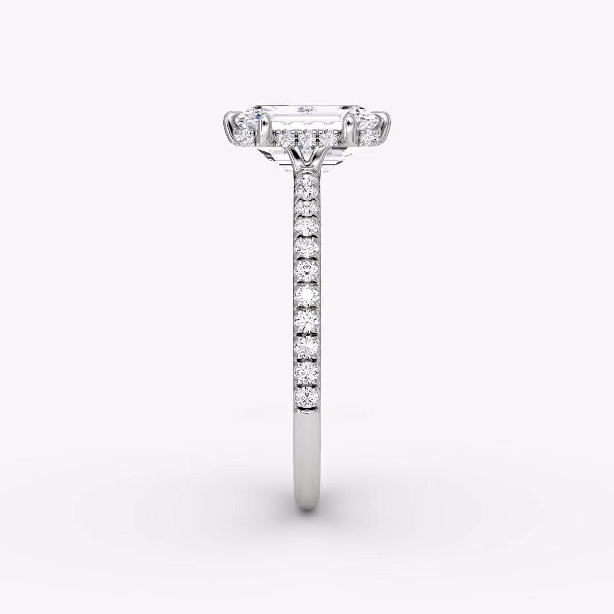 The Signature 6 Prong | Emerald | Platinum | bandAccent: Pavé | bandWidth: standard | hiddenHalo: yes | diamondOrientation: vertical | caratWeight: other