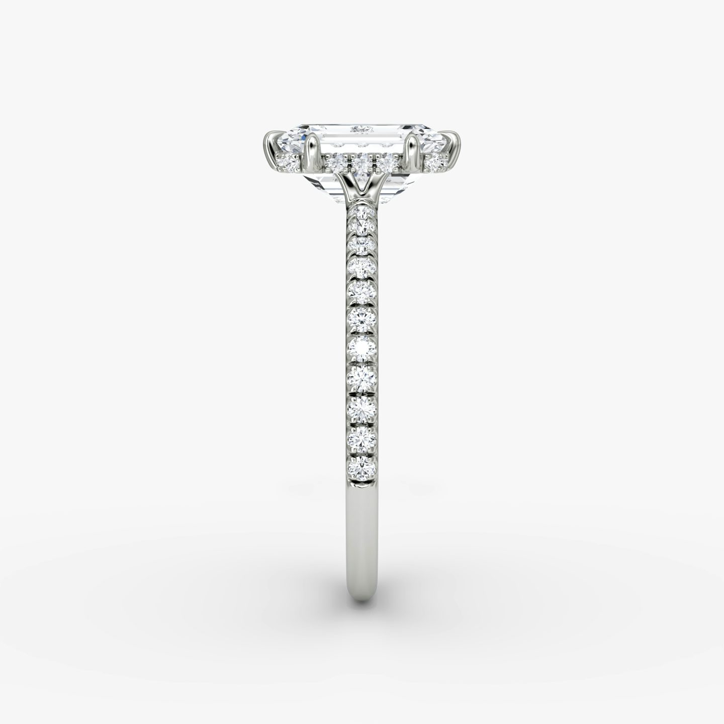 The Signature 6 Prong | Emerald | 18k | White Gold | bandAccent: Pavé | bandWidth: standard | hiddenHalo: yes | diamondOrientation: vertical | caratWeight: other