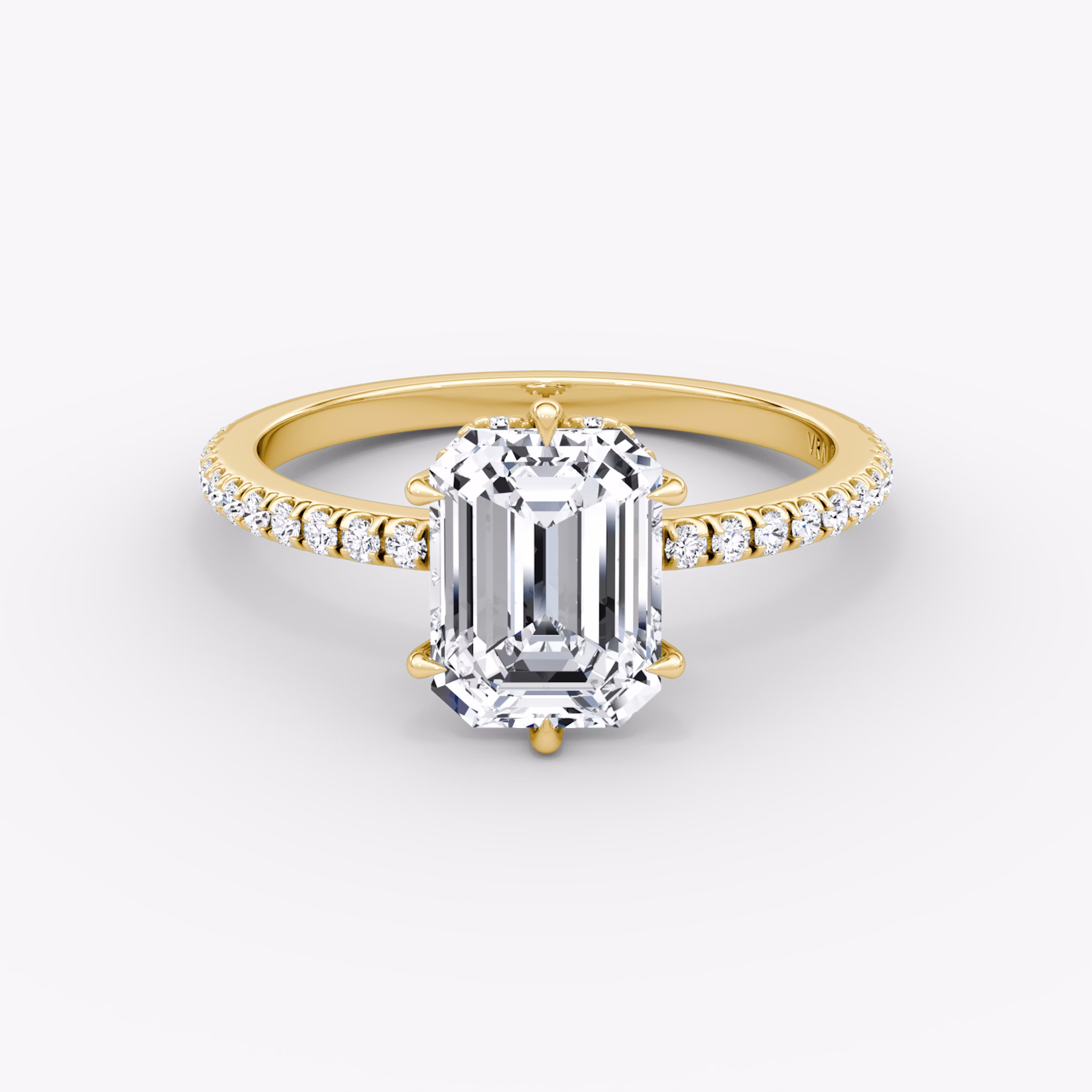 The Signature 6 Prong | Emerald | 18k | Yellow Gold | bandAccent: Pavé | bandWidth: standard | hiddenHalo: yes | diamondOrientation: vertical | caratWeight: other