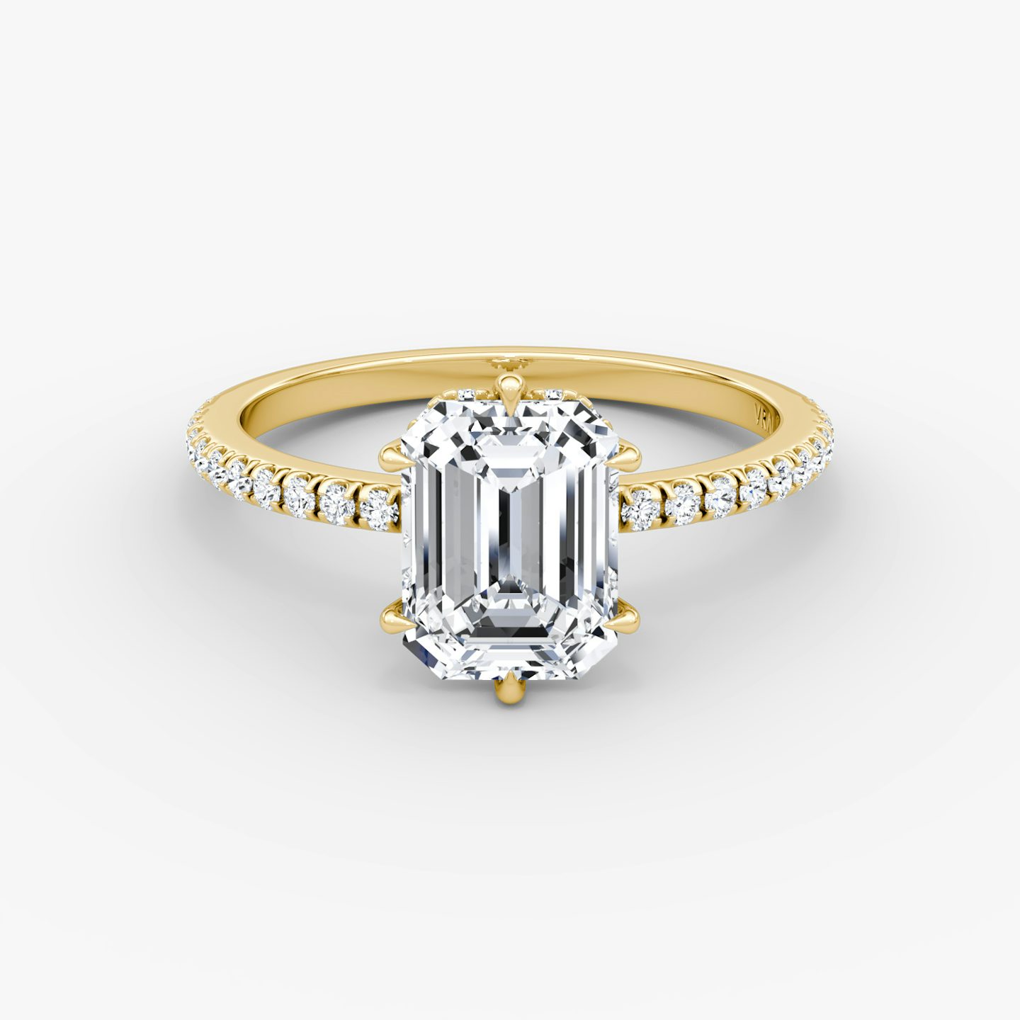 The Signature 6 Prong | Emerald | 18k | Yellow Gold | bandAccent: Pavé | bandWidth: standard | hiddenHalo: yes | diamondOrientation: vertical | caratWeight: other