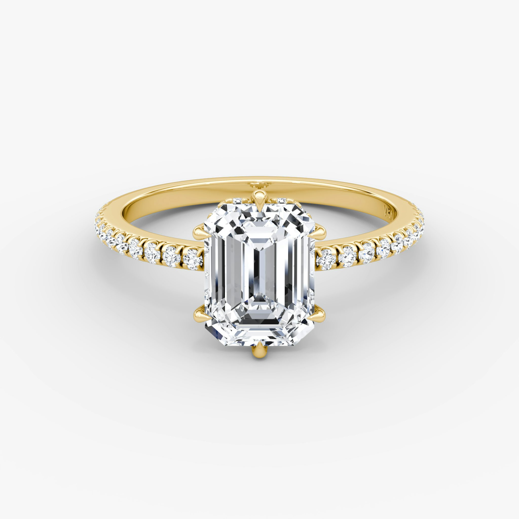 The Signature 6 Prong | Emerald | 18k | Yellow Gold | bandAccent: Pavé | bandWidth: standard | hiddenHalo: yes | diamondOrientation: vertical | caratWeight: other