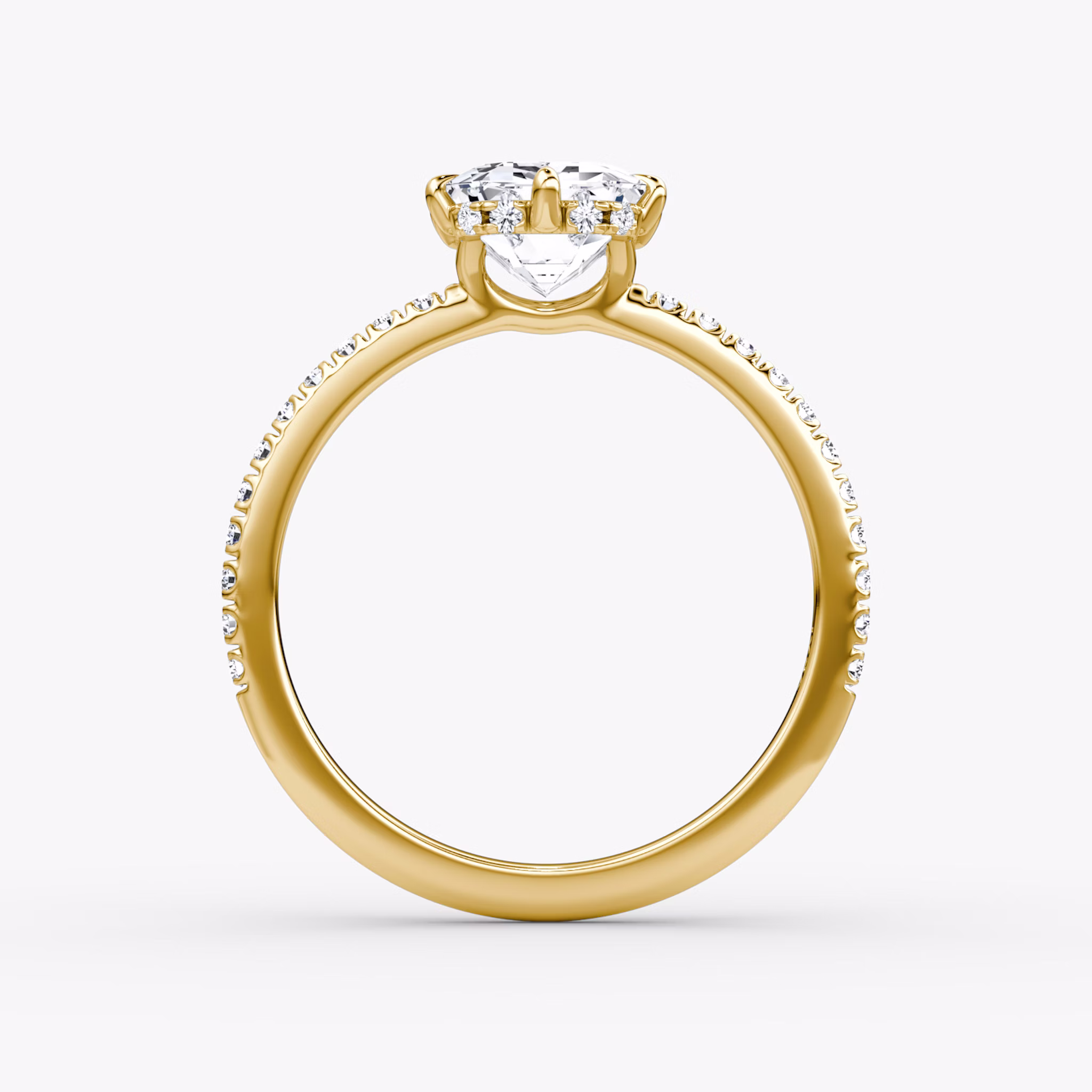 The Signature 6 Prong | Emerald | 18k | Yellow Gold | bandAccent: Pavé | bandWidth: standard | hiddenHalo: yes | diamondOrientation: vertical | caratWeight: other
