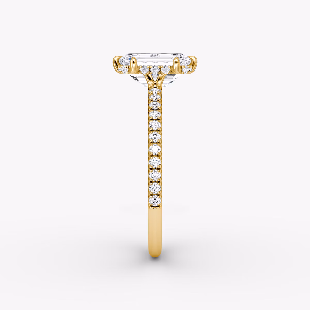 The Signature 6 Prong | Emerald | 18k | Yellow Gold | bandAccent: Pavé | bandWidth: standard | hiddenHalo: yes | diamondOrientation: vertical | caratWeight: other
