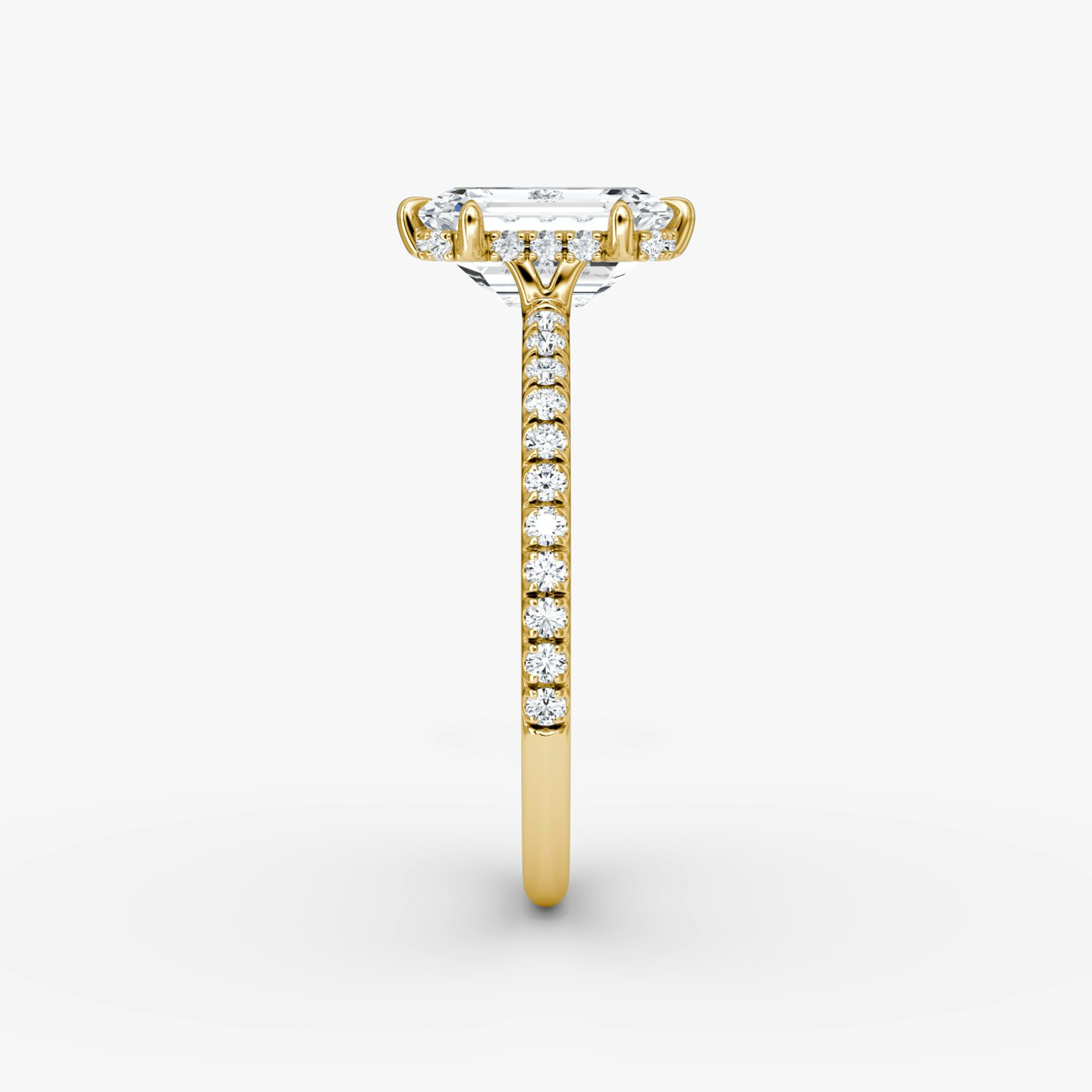 The Signature 6 Prong | Emerald | 18k | Yellow Gold | bandAccent: Pavé | bandWidth: standard | hiddenHalo: yes | diamondOrientation: vertical | caratWeight: other