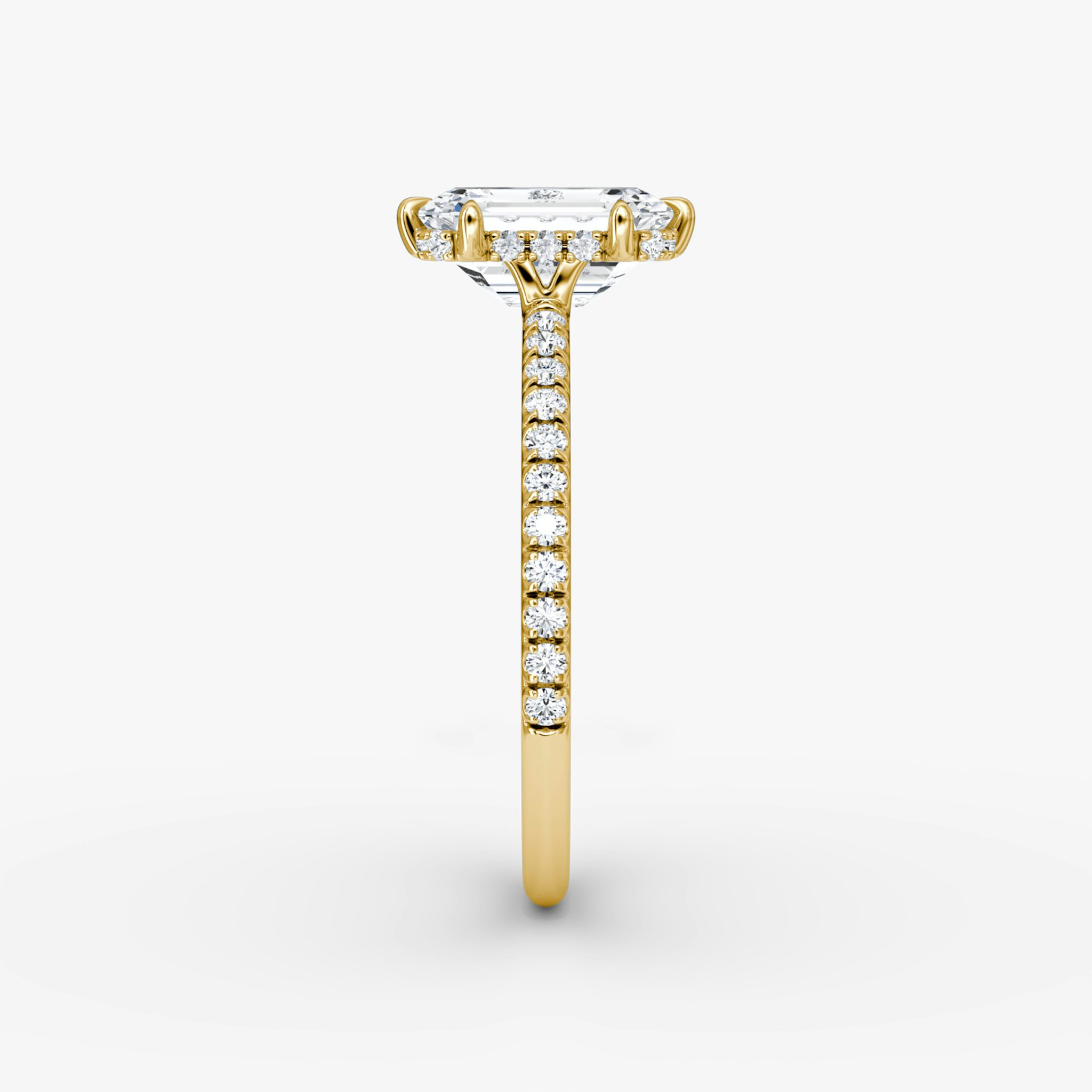 The Signature 6 Prong | Emerald | 18k | Yellow Gold | bandAccent: Pavé | bandWidth: standard | hiddenHalo: yes | diamondOrientation: vertical | caratWeight: other