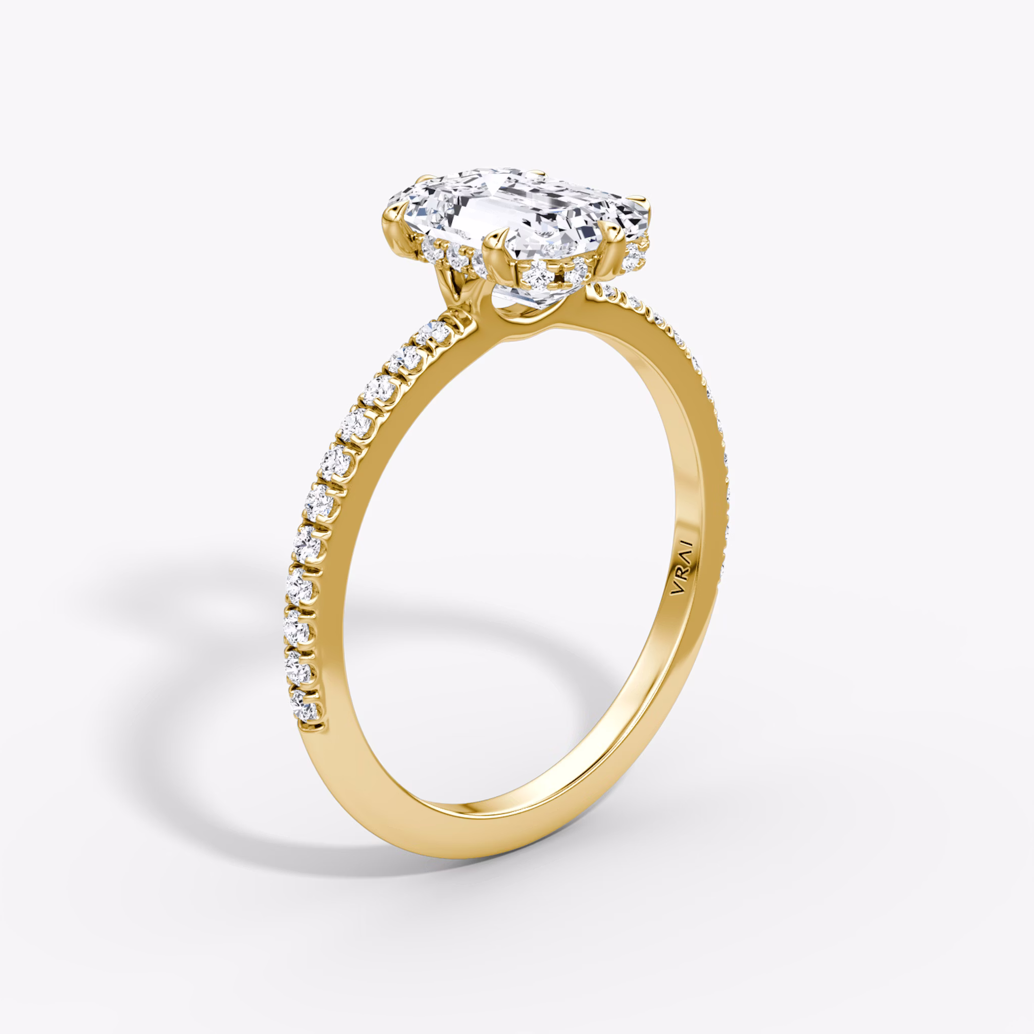The Signature 6 Prong | Emerald | 18k | Yellow Gold | bandAccent: Pavé | bandWidth: standard | hiddenHalo: yes | diamondOrientation: vertical | caratWeight: other