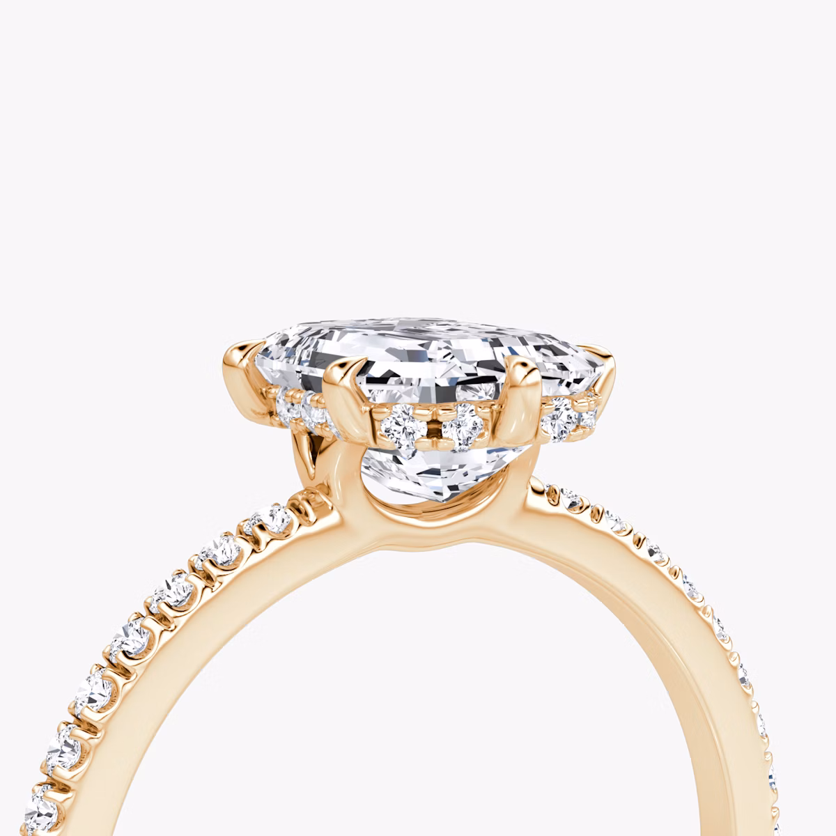 The Signature 6 Prong | Emerald | 14k | Rose Gold | bandAccent: Pavé | bandWidth: standard | hiddenHalo: yes | diamondOrientation: vertical | caratWeight: other