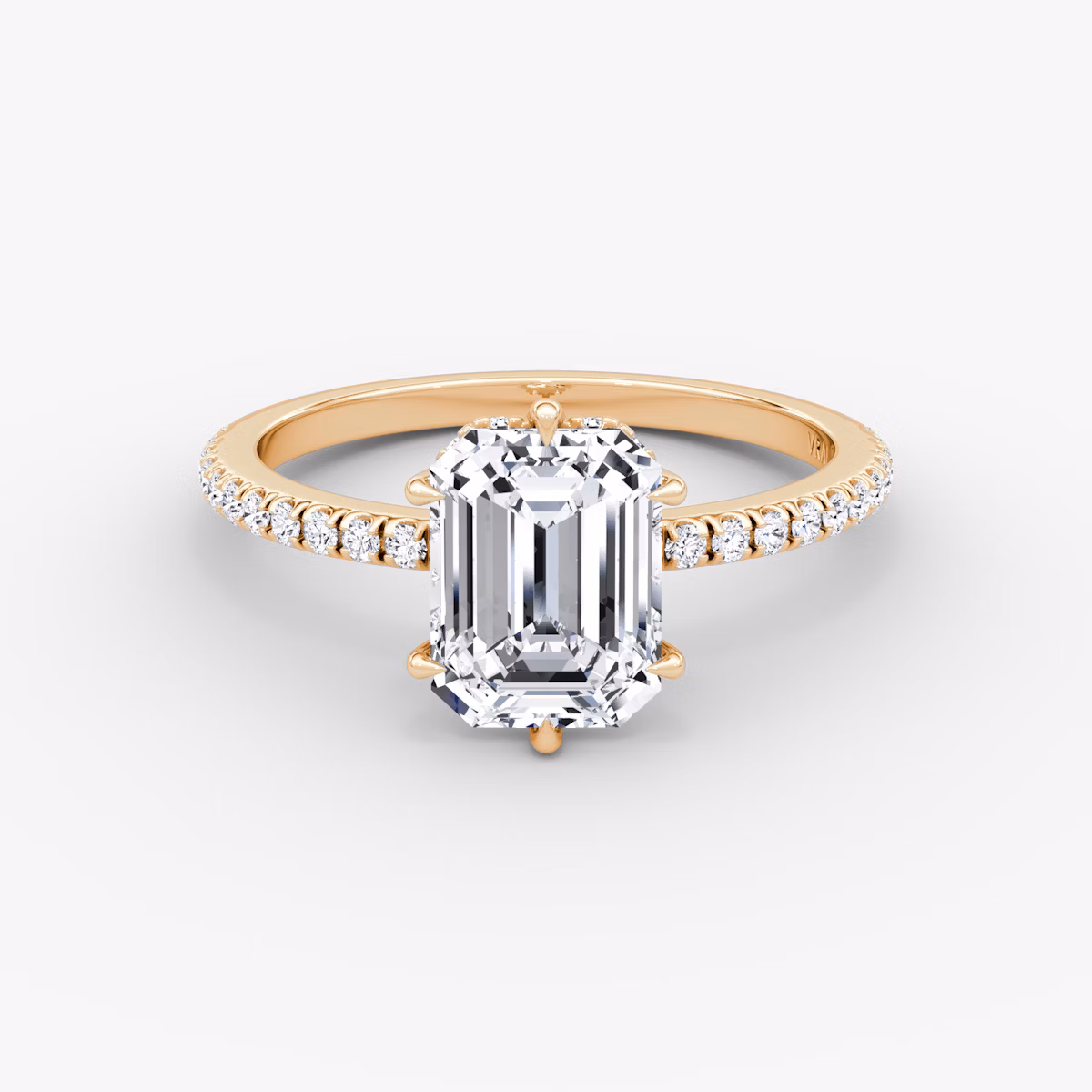 The Signature 6 Prong | Emerald | 14k | Rose Gold | bandAccent: Pavé | bandWidth: standard | hiddenHalo: yes | diamondOrientation: vertical | caratWeight: other