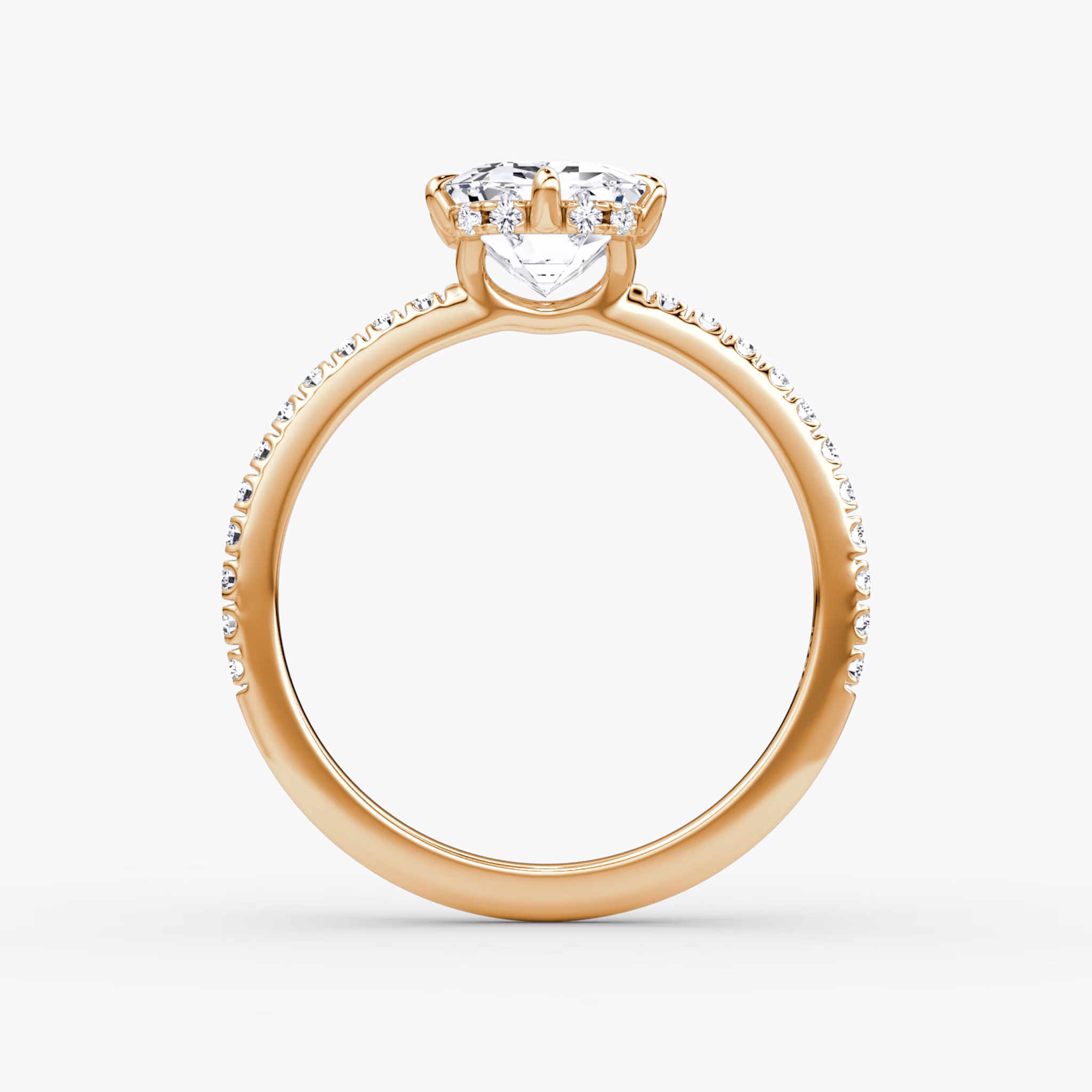 The Signature 6 Prong | Emerald | 14k | Rose Gold | bandAccent: Pavé | bandWidth: standard | hiddenHalo: yes | diamondOrientation: vertical | caratWeight: other