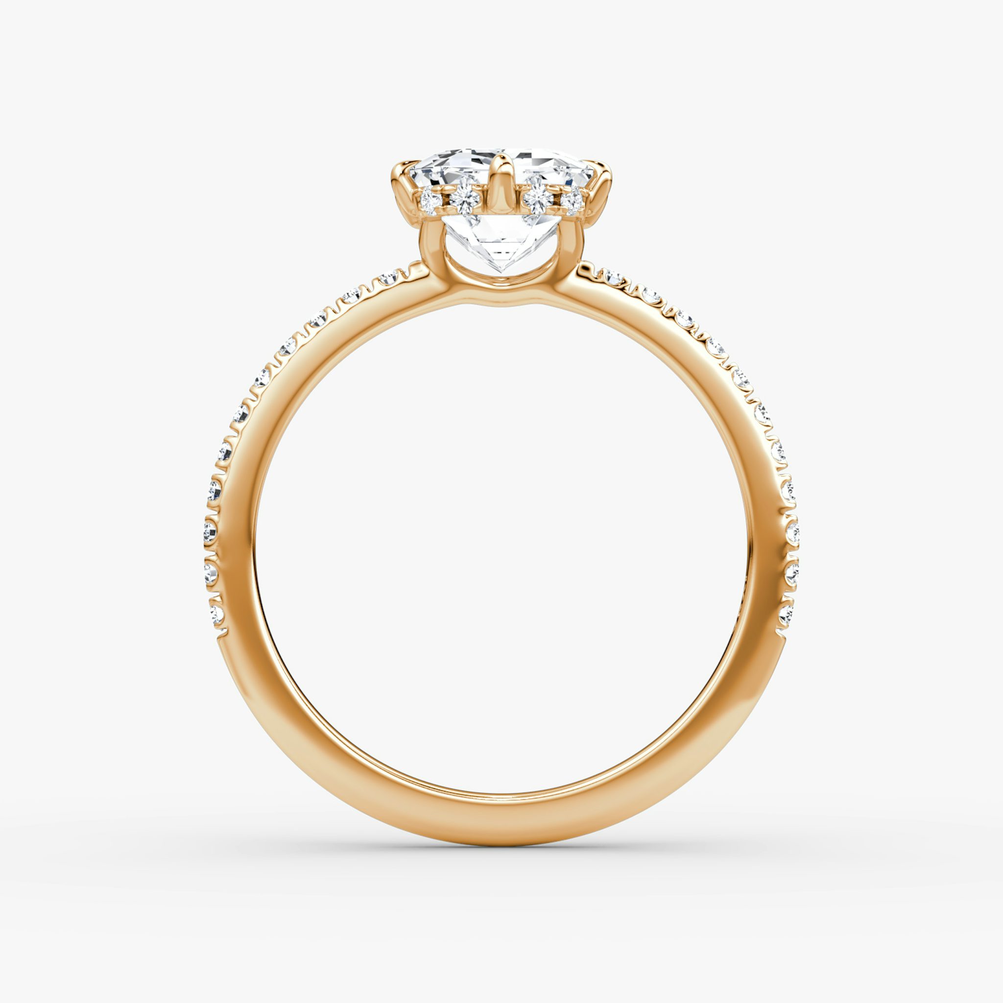 The Signature 6 Prong | Emerald | 14k | Rose Gold | bandAccent: Pavé | bandWidth: standard | hiddenHalo: yes | diamondOrientation: vertical | caratWeight: other