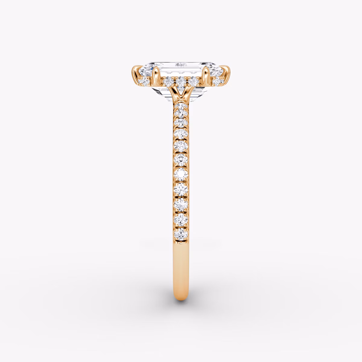 The Signature 6 Prong | Emerald | 14k | Rose Gold | bandAccent: Pavé | bandWidth: standard | hiddenHalo: yes | diamondOrientation: vertical | caratWeight: other