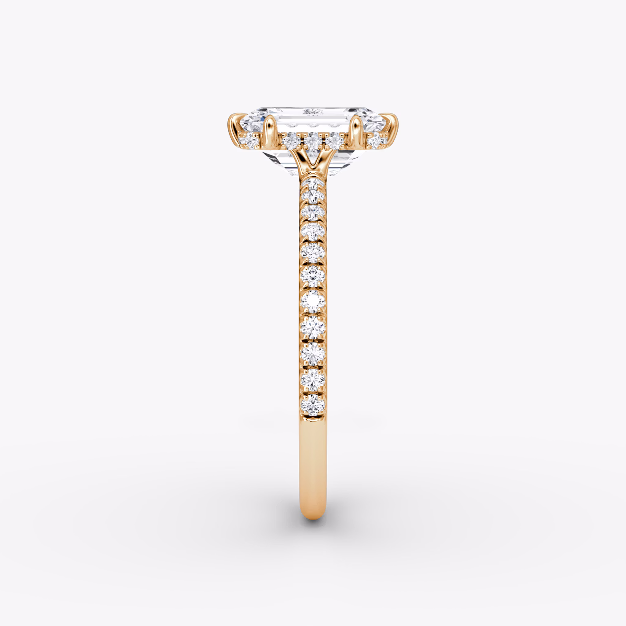 The Signature 6 Prong | Emerald | 14k | Rose Gold | bandAccent: Pavé | bandWidth: standard | hiddenHalo: yes | diamondOrientation: vertical | caratWeight: other