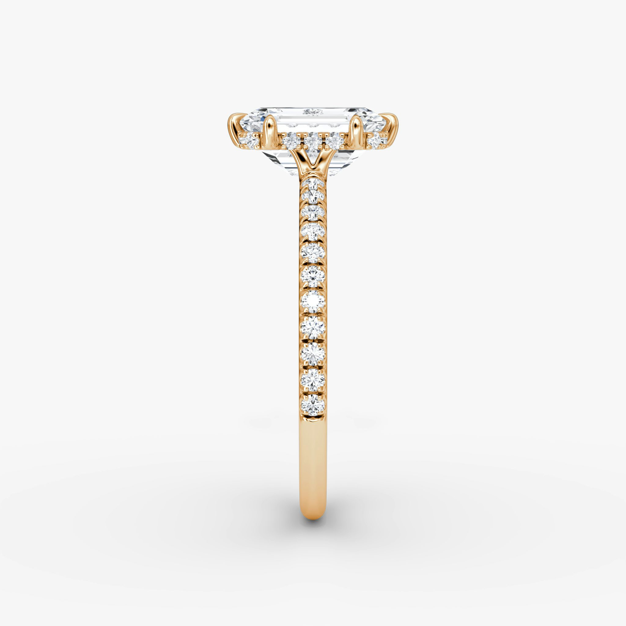 The Signature 6 Prong | Emerald | 14k | Rose Gold | bandAccent: Pavé | bandWidth: standard | hiddenHalo: yes | diamondOrientation: vertical | caratWeight: other