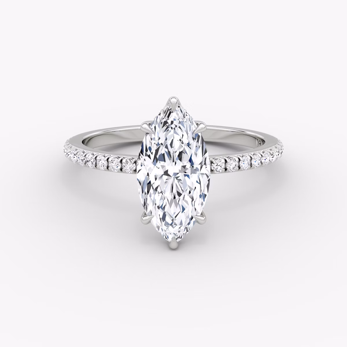 The Signature 6 Prong | Marquise | Platinum | bandAccent: Pavé | bandWidth: standard | hiddenHalo: yes | diamondOrientation: vertical | caratWeight: other