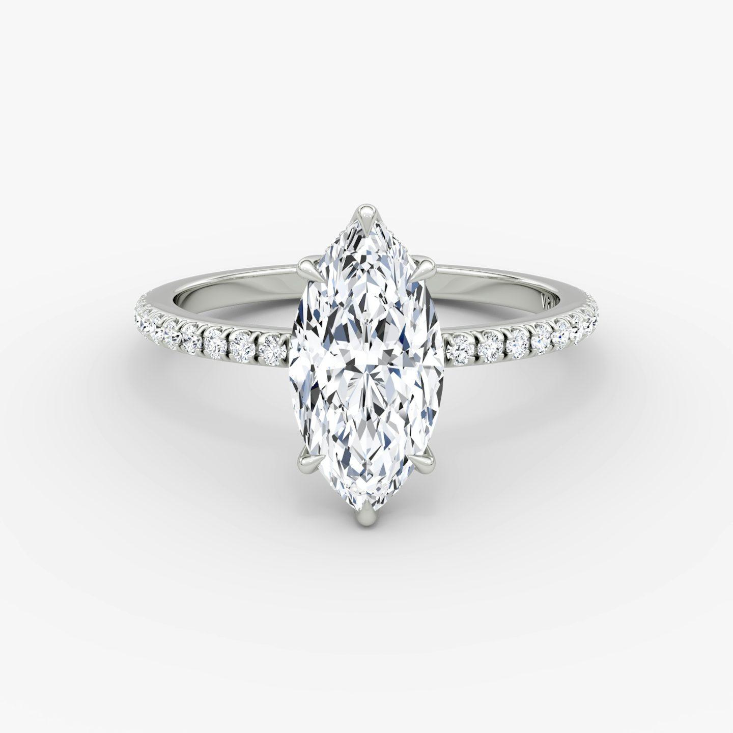 The Signature 6 Prong | Marquise | Platinum | bandAccent: Pavé | bandWidth: standard | hiddenHalo: yes | diamondOrientation: vertical | caratWeight: other