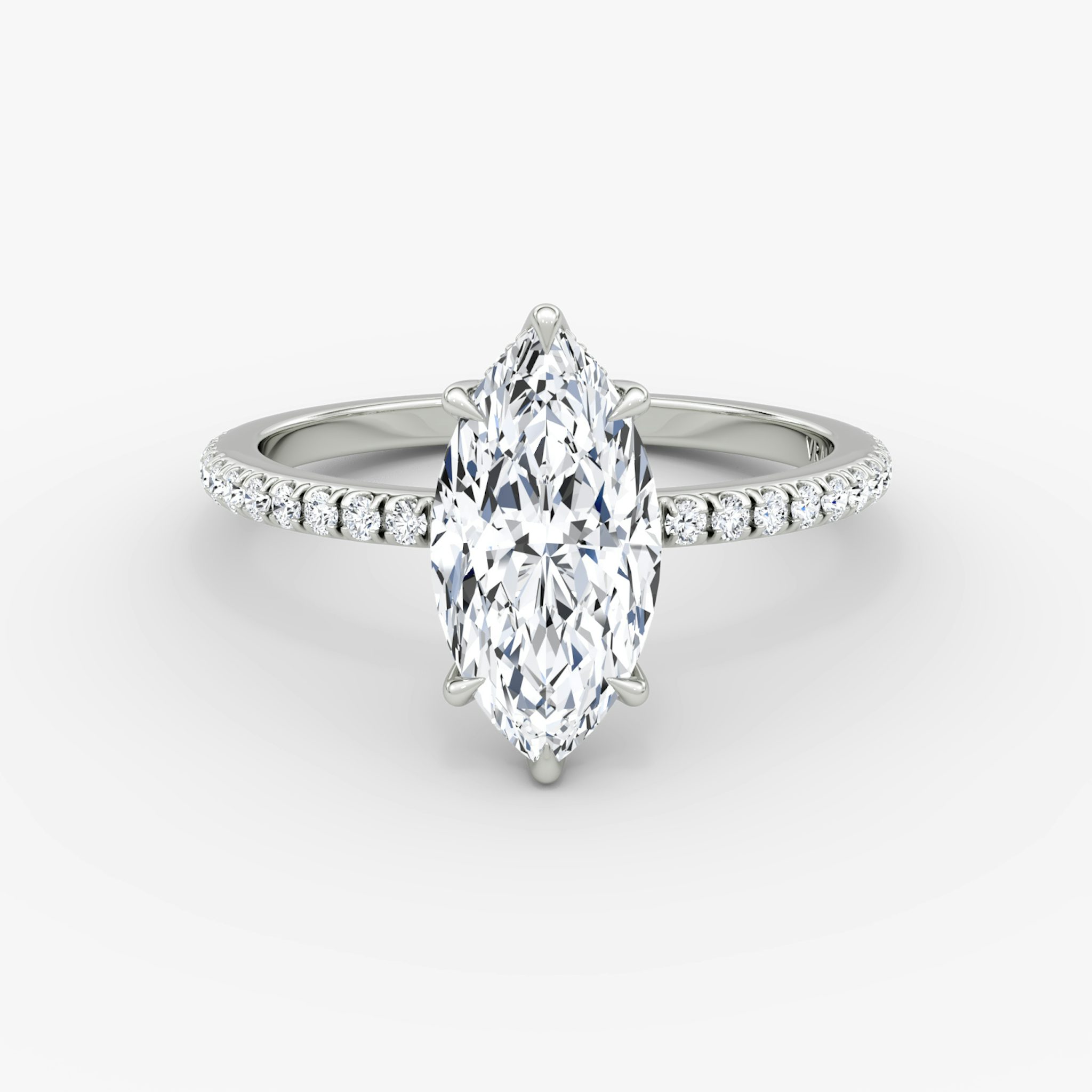 The Signature 6 Prong | Marquise | 18k | White Gold | bandAccent: Pavé | bandWidth: standard | hiddenHalo: yes | diamondOrientation: vertical | caratWeight: other