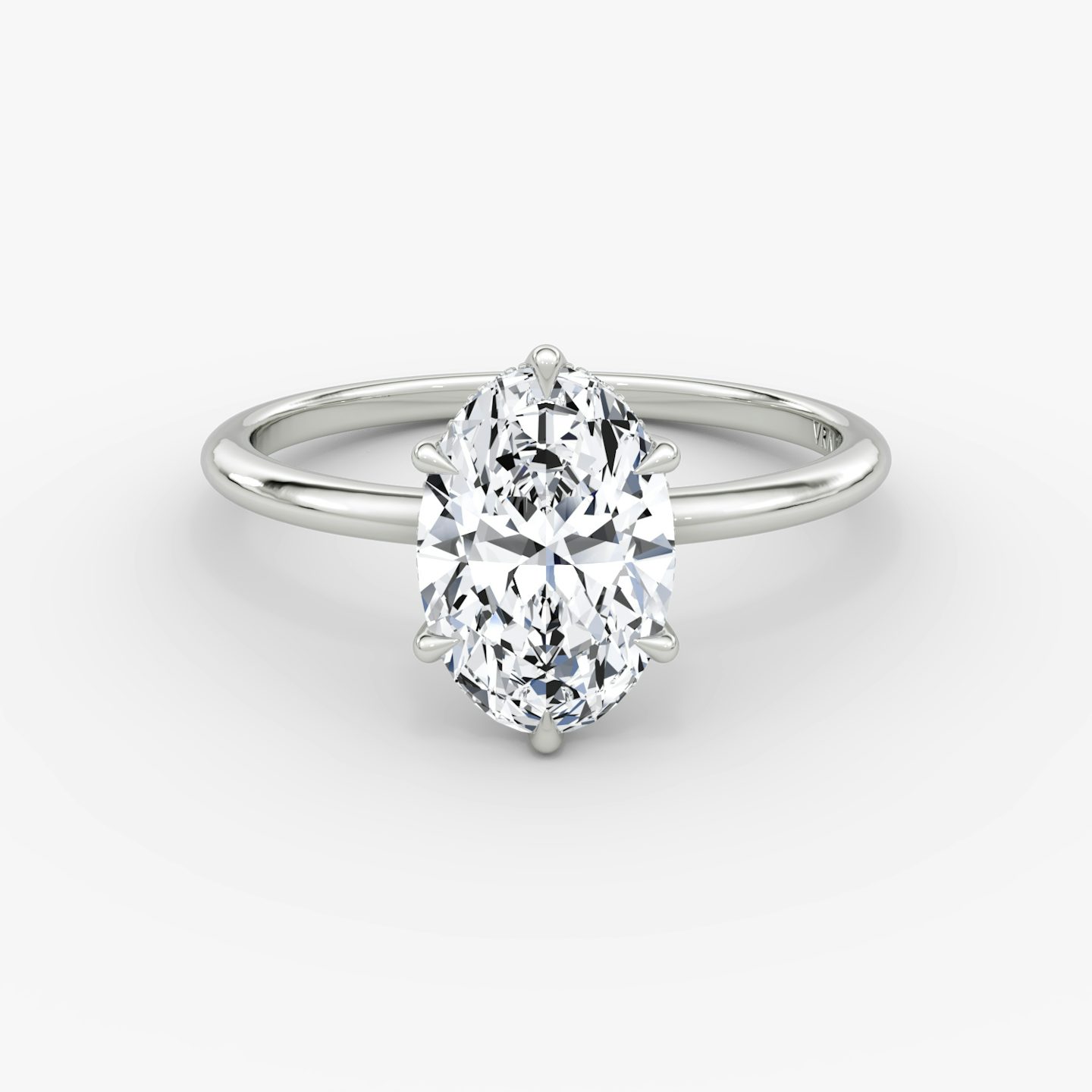 The Signature 6 Prong | Oval | 18k | White Gold | bandAccent: Plain | bandWidth: standard | hiddenHalo: yes | diamondOrientation: vertical | caratWeight: other