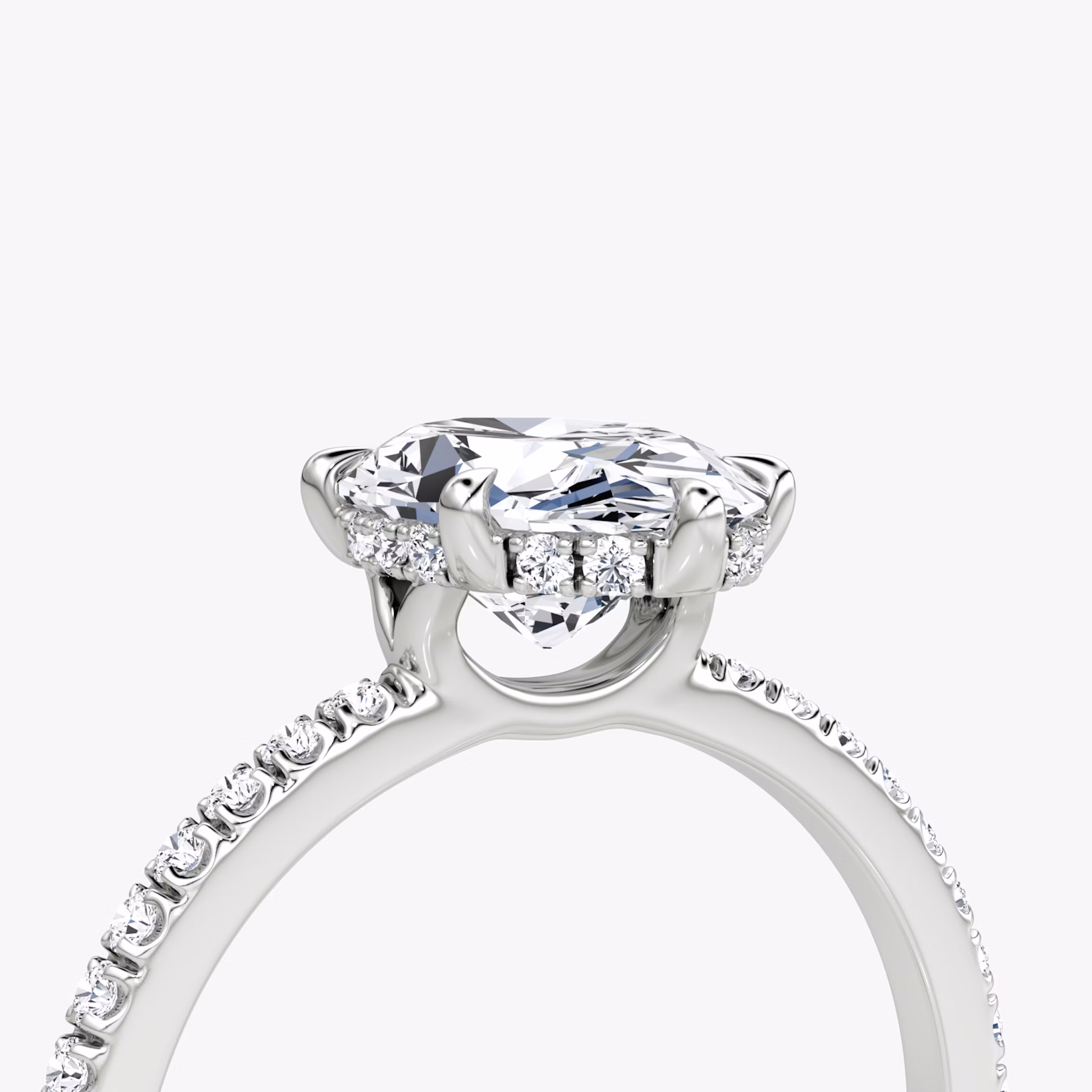 The Signature 6 Prong | Oval | 18k | White Gold | bandAccent: Pavé | bandWidth: standard | hiddenHalo: yes | diamondOrientation: vertical | caratWeight: other